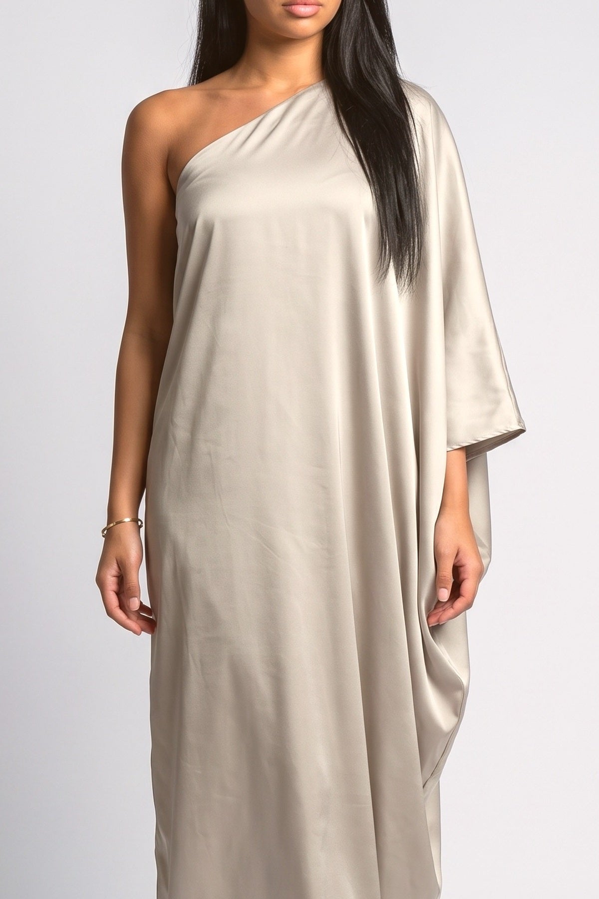 Satin Marble Print One-Shoulder Maxi Dress, fabric detail