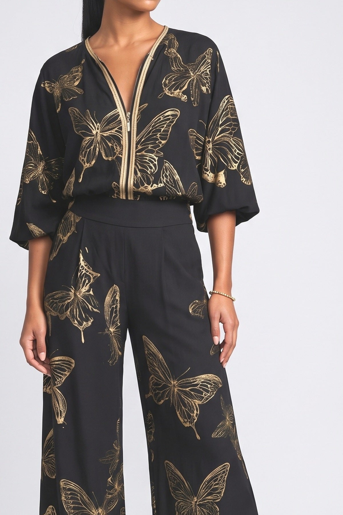 Butterfly Print Zip-Up Top & Wide Leg Pants Set, fabric detail