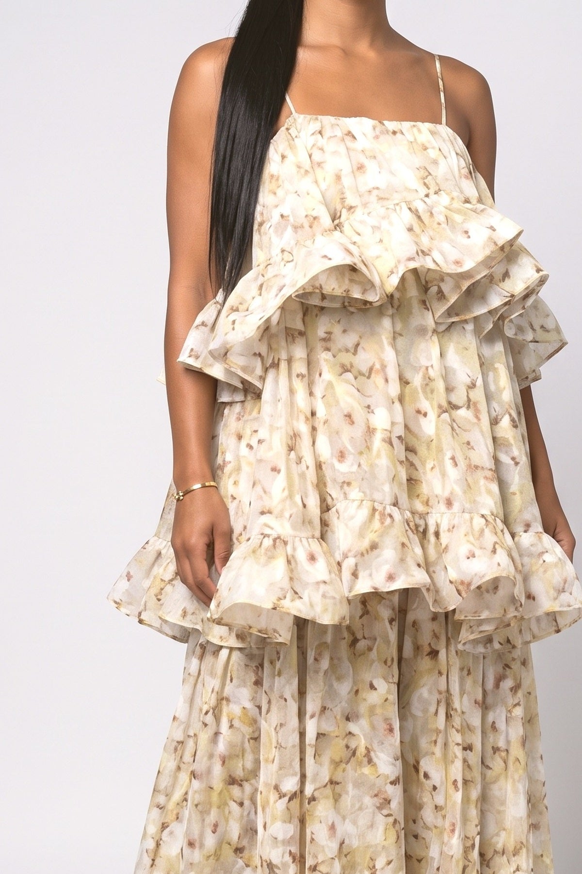 Multicolor Floral Ruffle Maxi Dress, fabric detail