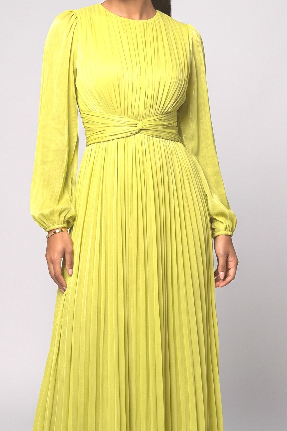 Pleated Waist Long-Sleeved Chiffon Evening Maxi Dress, fabric detail