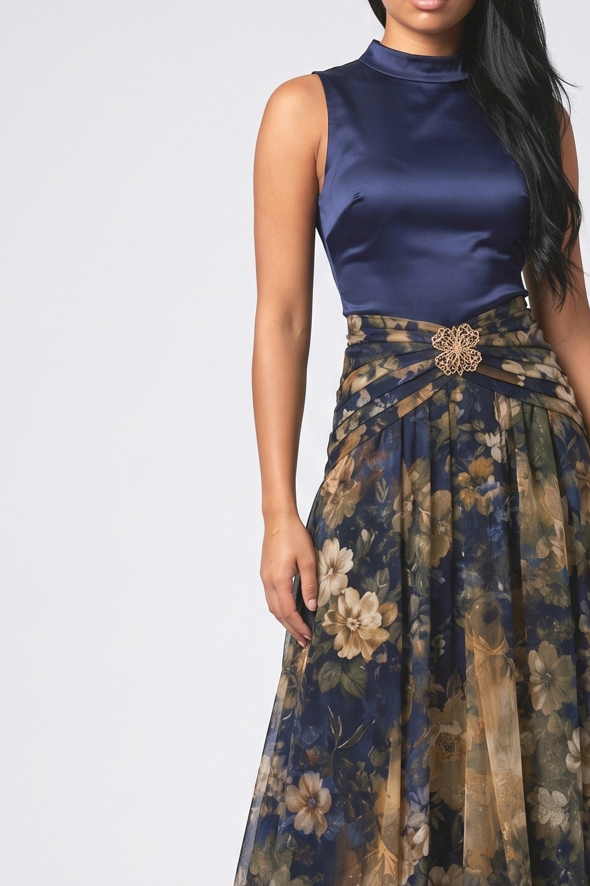 Blue Floral Satin High Neck Maxi Dress, fabric detail