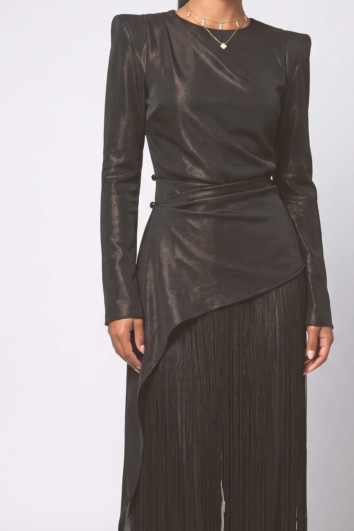 Black Long Sleeve Fringe Outfit Set, fabric detail
