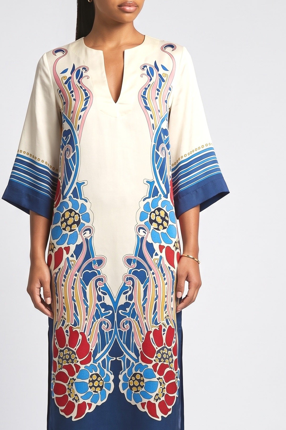 Multicolor Floral Satin Midi Dress, fabric detail