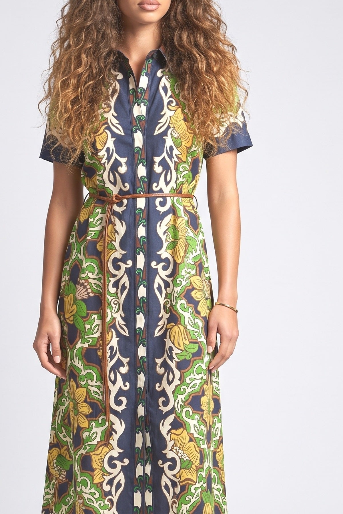 Bohemian Style Bar Print Shirt Collar Ti Meani Dress, fabric detail