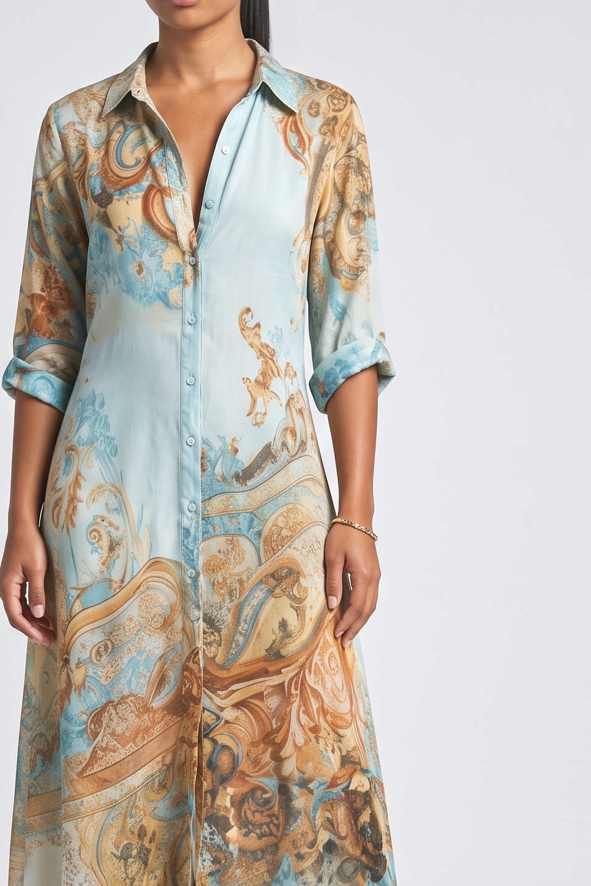 Bohemian Art Print Shirt Maxi Dress, fabric detail