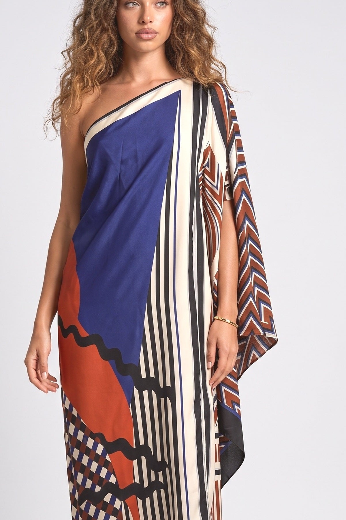 Blue Abstract One-Shoulder Draped Maxi Dress, fabric detail