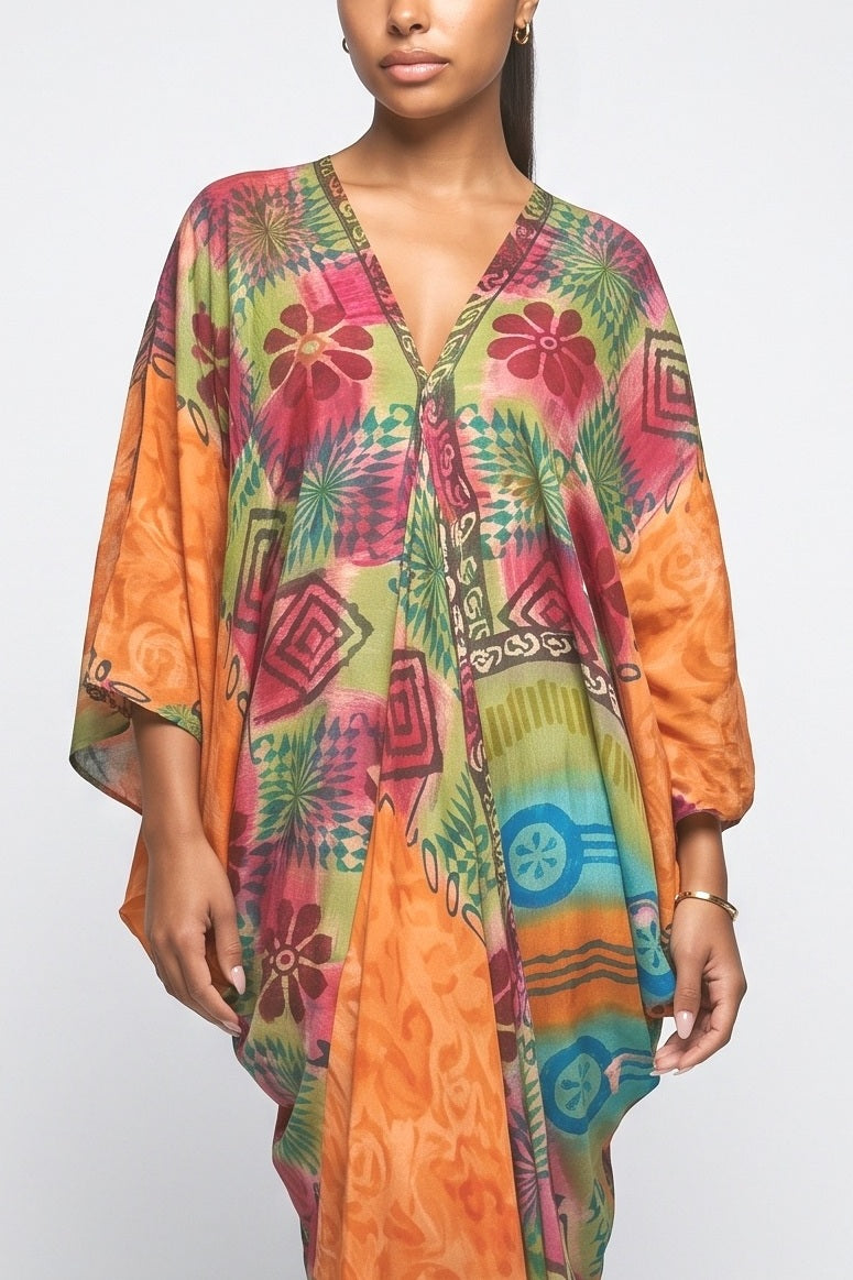 Orange Floral V-Neck Maxi Dress, fabric detail