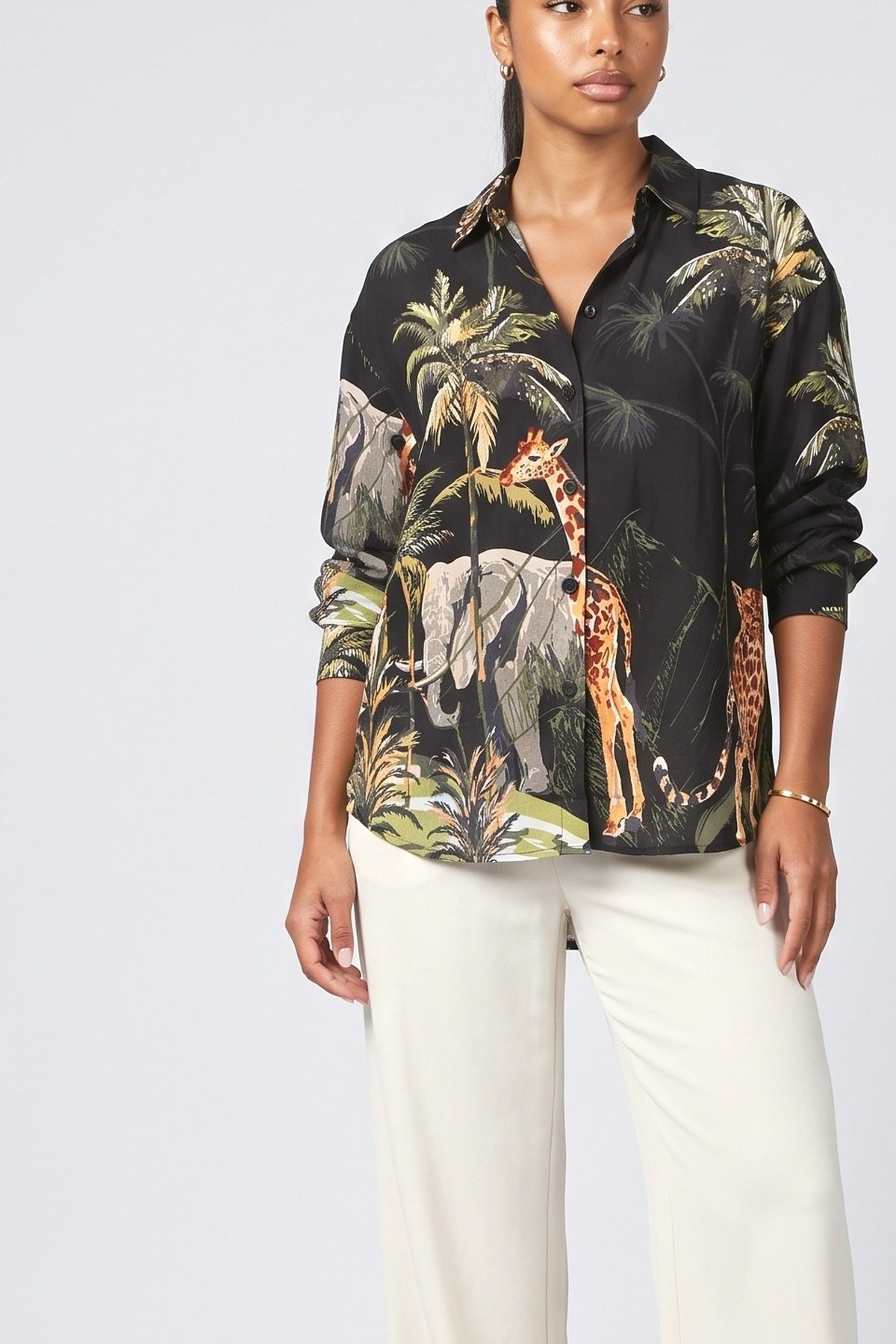 Jungle Print Loose Button-Down Shirt, fabric detail
