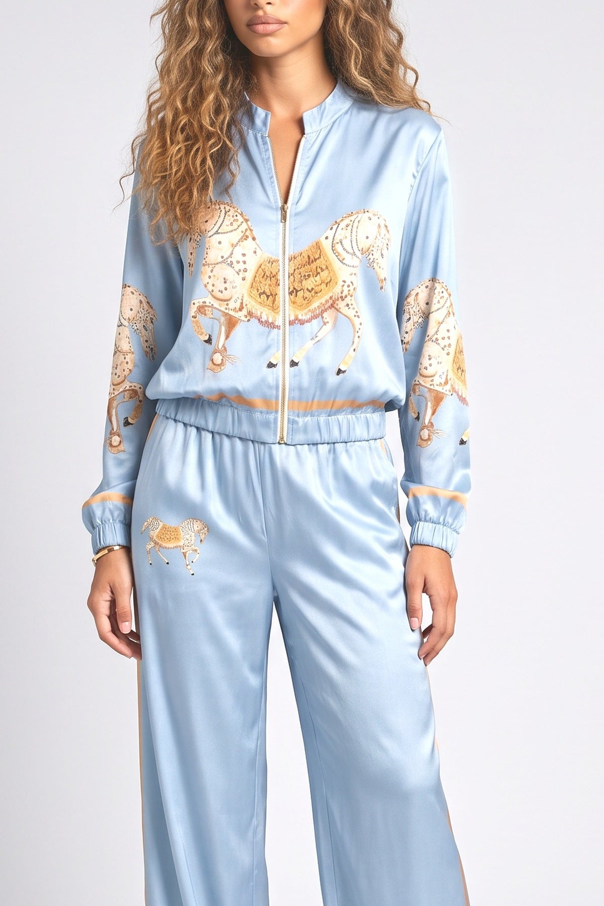 Satin Horse Print Zip Jacket & Wide-Leg Pants Two-Piece Set, fabric detail
