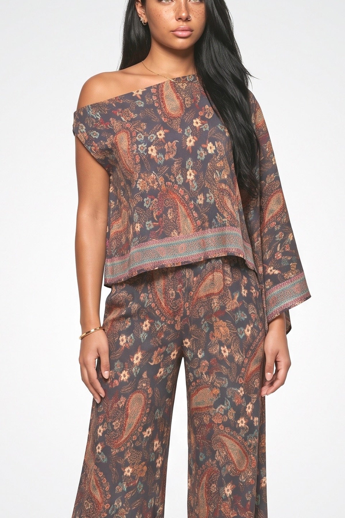 Multicolor Paisley Off-Shoulder Outfit Set, fabric detail