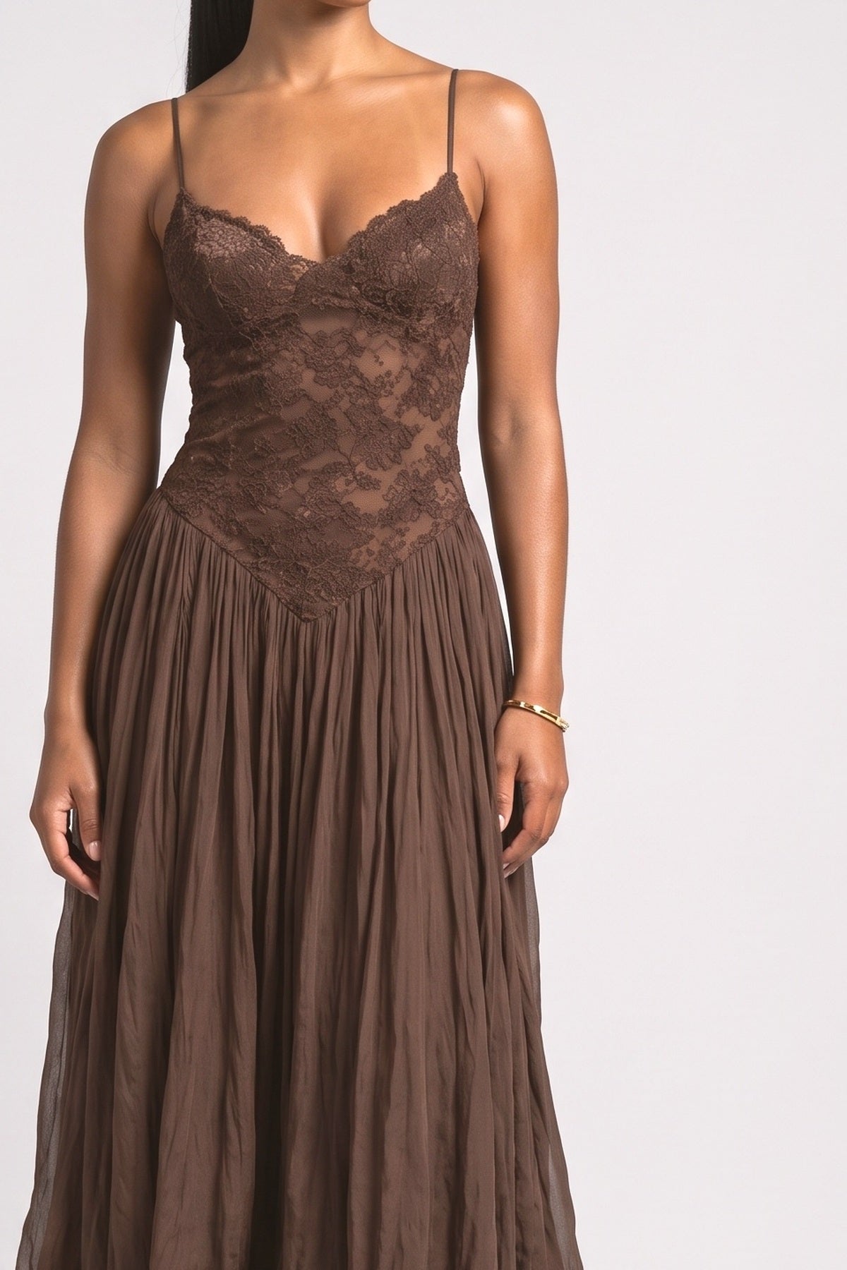 Brown Lace V-Neck Ruffle Midi Dress, fabric detail