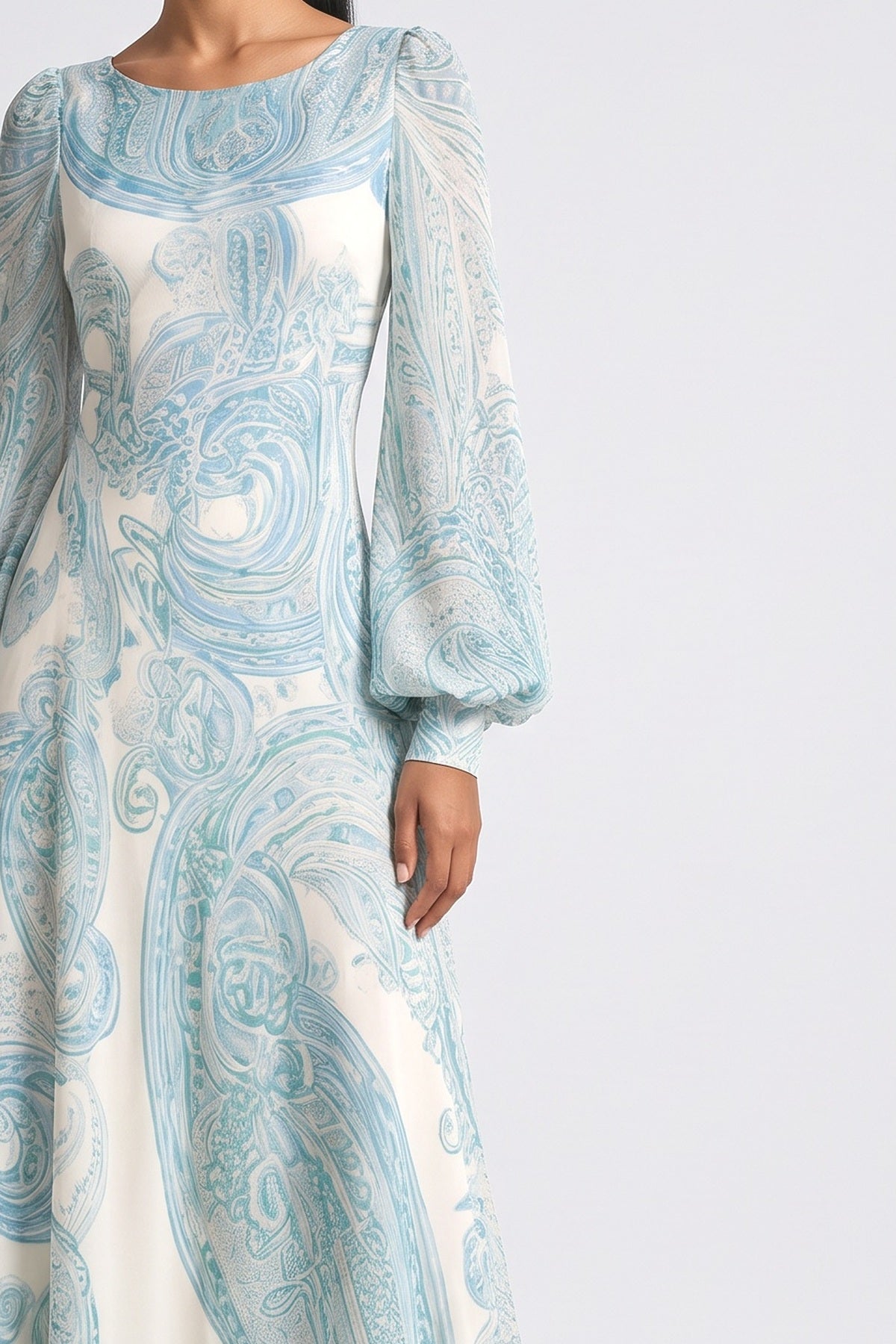 Blue Paisley Chiffon Maxi Dress, fabric detail