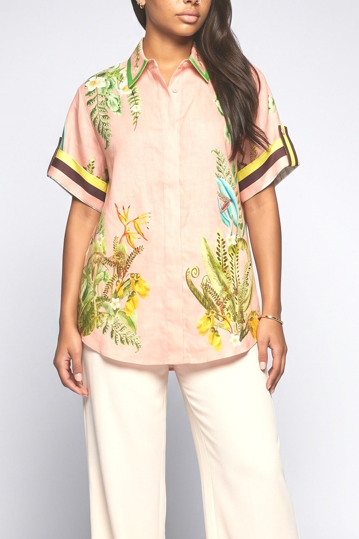 Papaya Garden Print Oversized Shirt, fabric detail