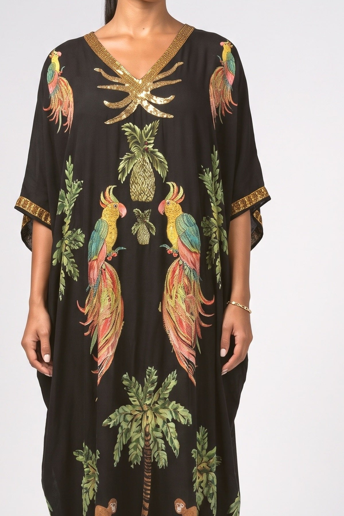 Drop Shoulder Sleeve Coconut Tree Printed Dress, fabric detail