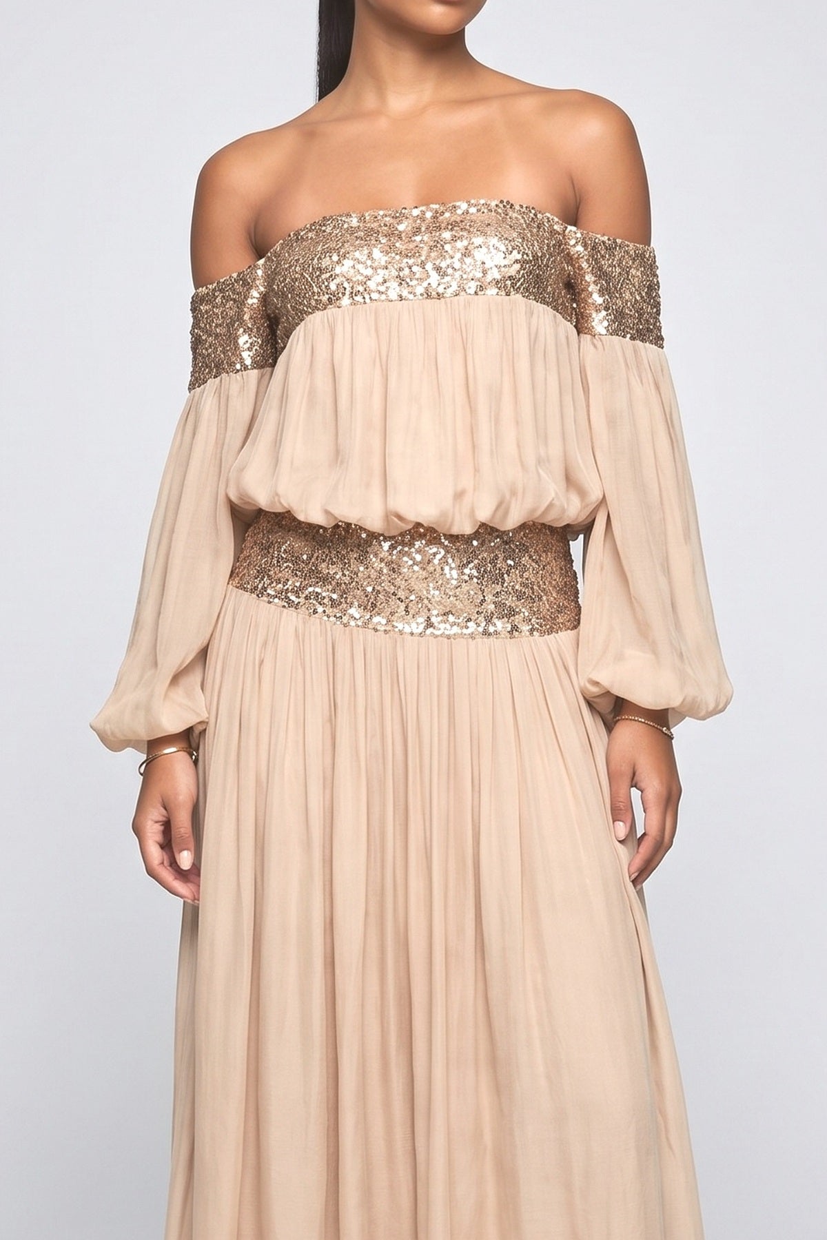 Beige Sequin Off-Shoulder Flowy Outfit Set, fabric detail