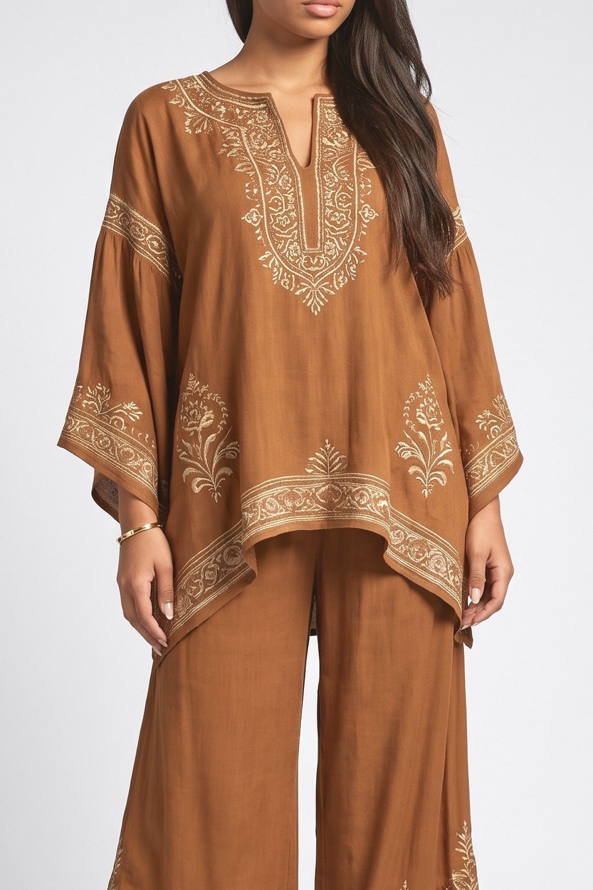 Brown Floral Batwing Sleeve Outfit Set, fabric detail