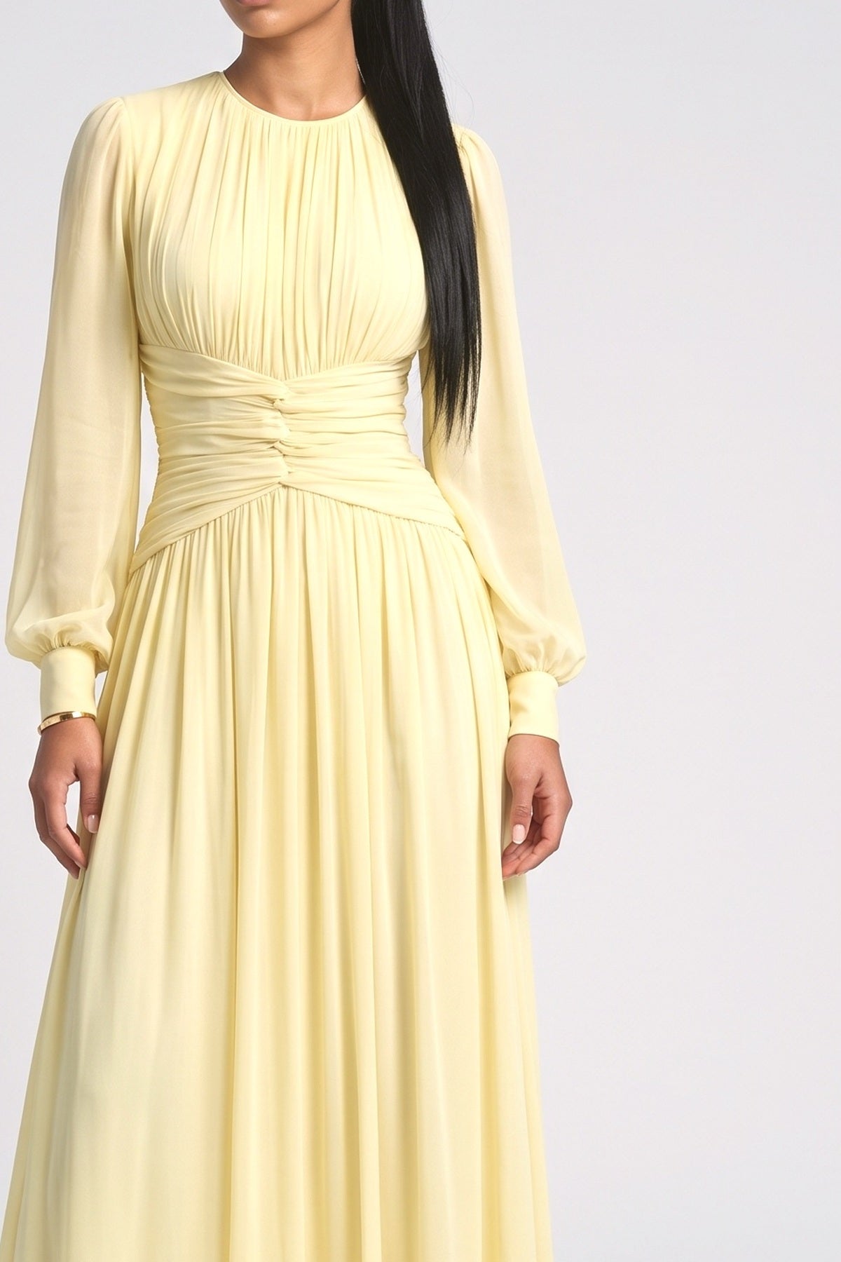 Yellow Chiffon Ruched Maxi Dress, fabric detail