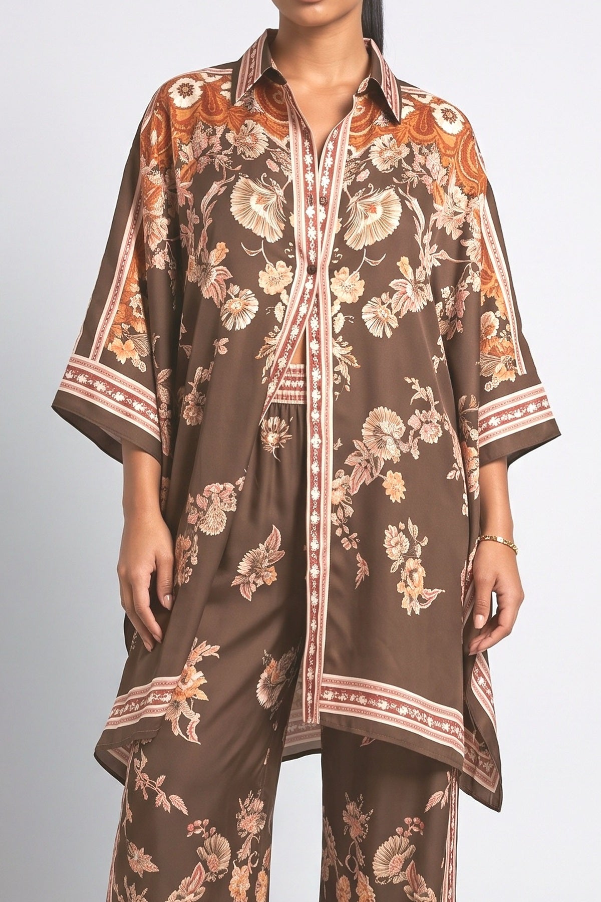 Brown Floral Satin Relaxed Outfit Set, fabric detail