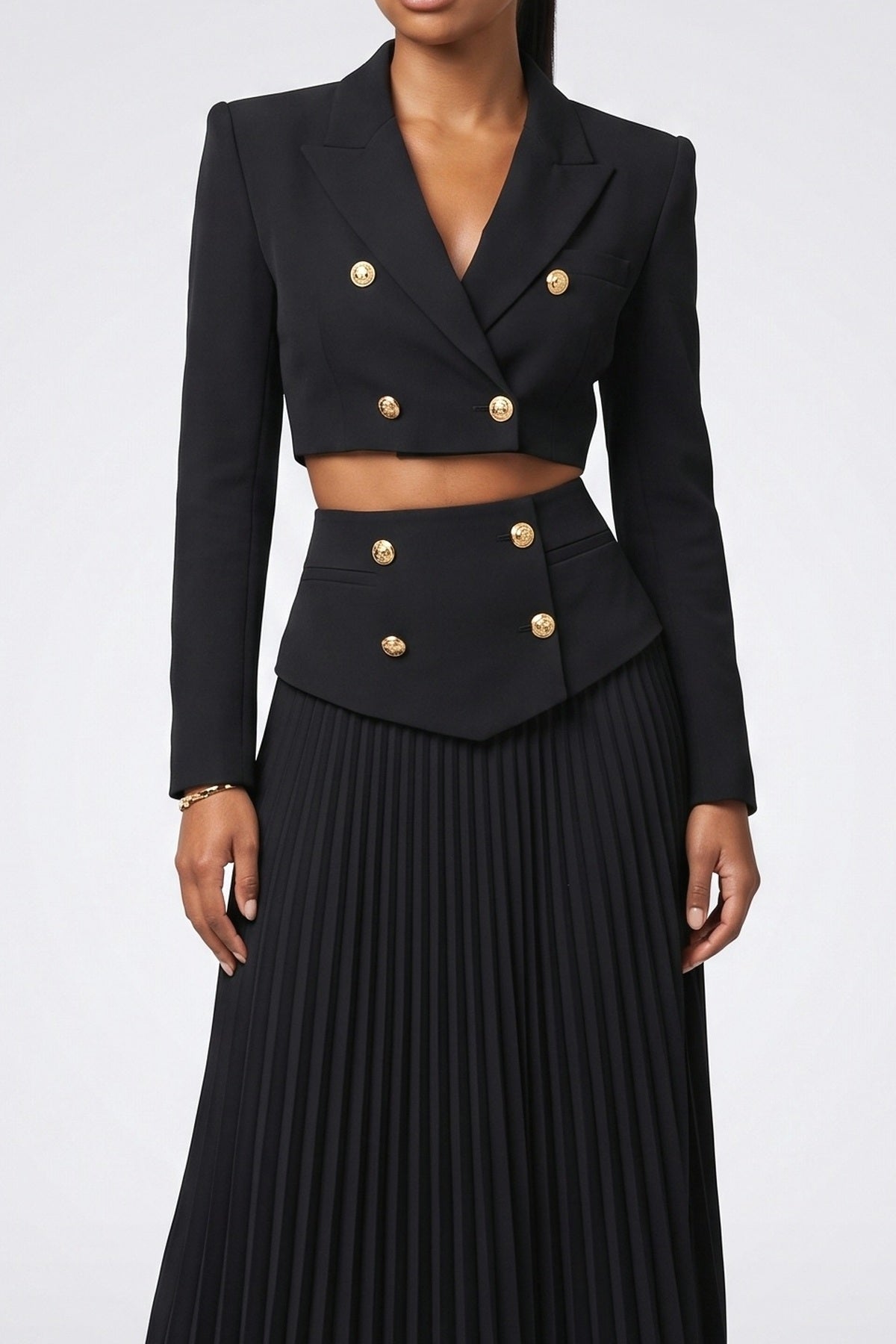 Short Blazer Top and Pleated Skirt Set, fabric detail