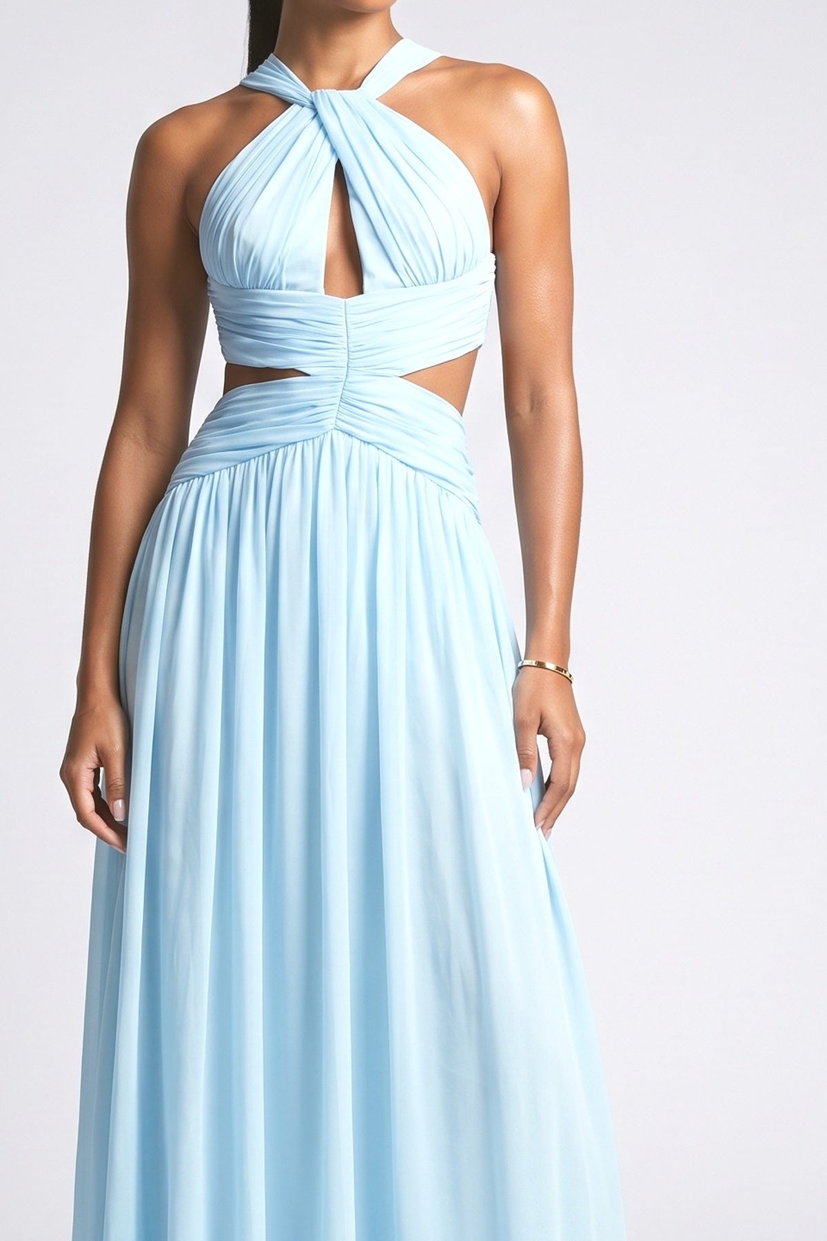 Blue Halter Neck Pleated Maxi Dress, fabric detail