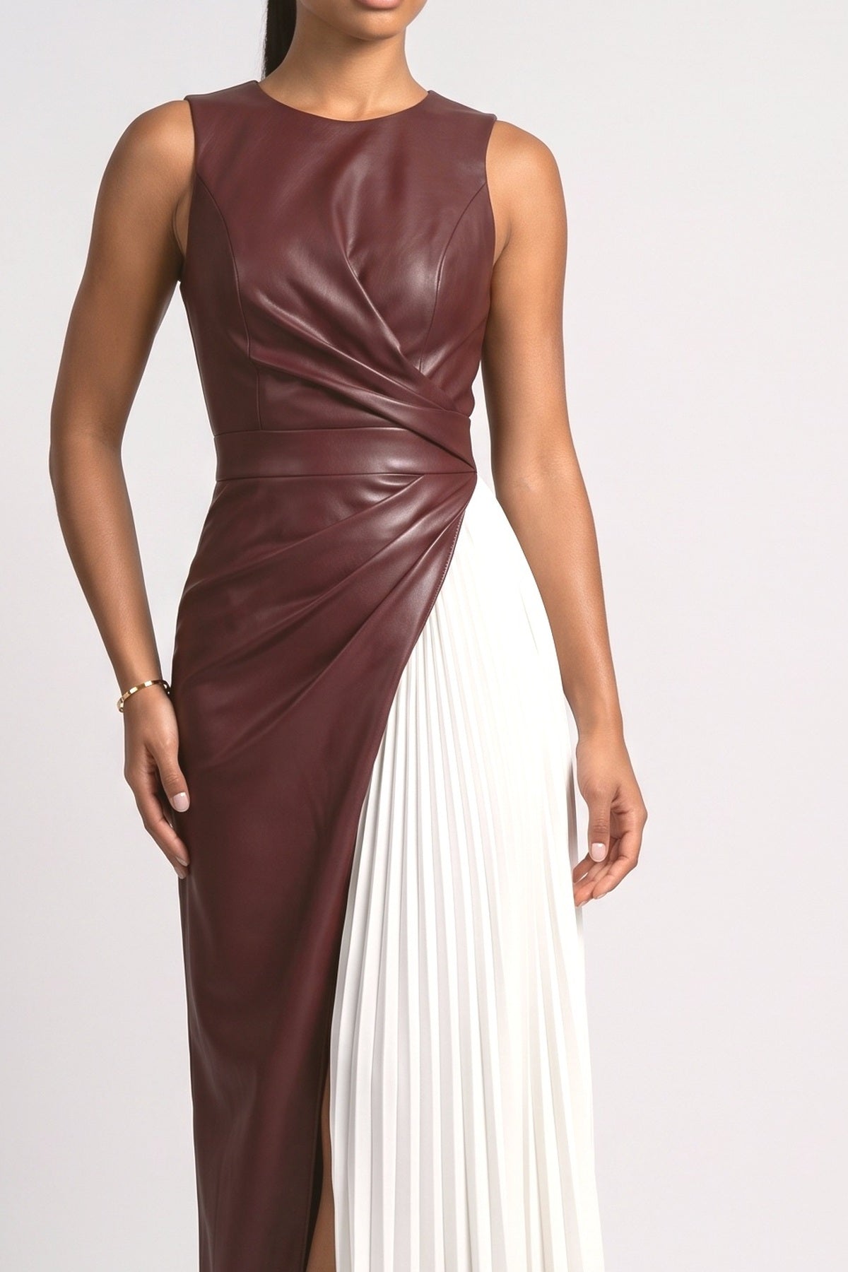 Red Colorblock Pleated Maxi Dress, fabric detail