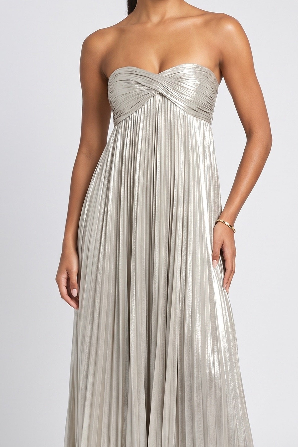 Silver Off-Shoulder Pleated Maxi Dress, fabric detail