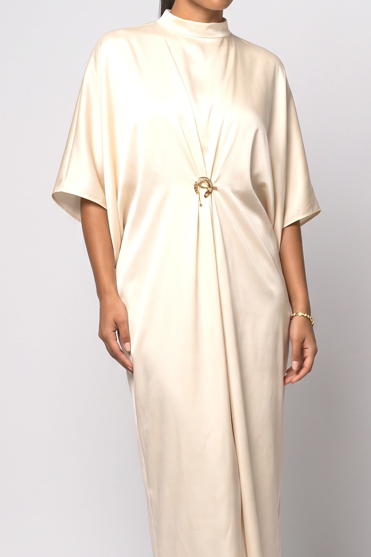 Beige Satin Batwing Sleeve Maxi Dress, fabric detail