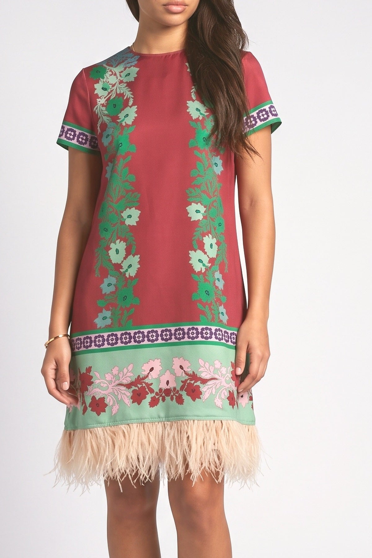 Red Floral Feather Trim Mini Dress, fabric detail