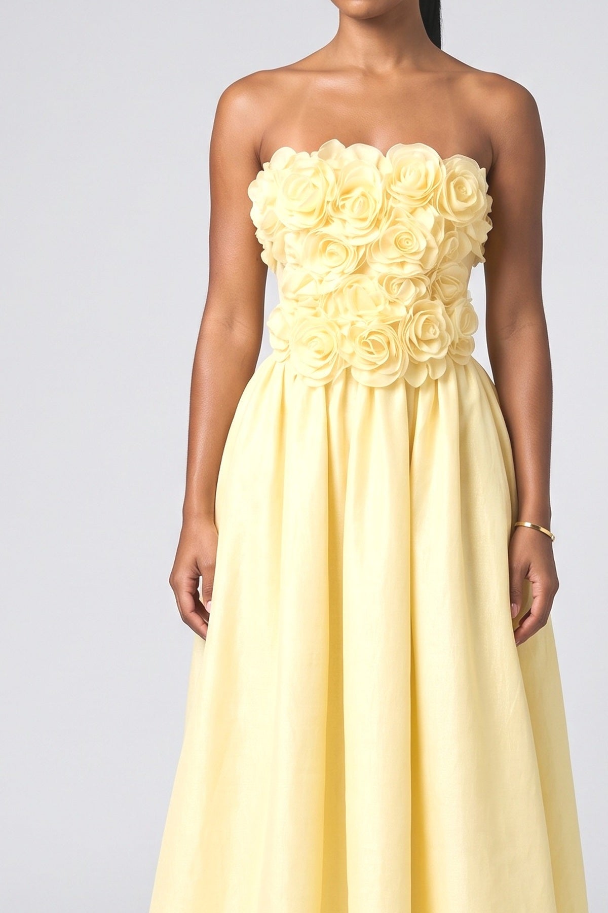 Yellow Floral Strapless Midi Dress, fabric detail