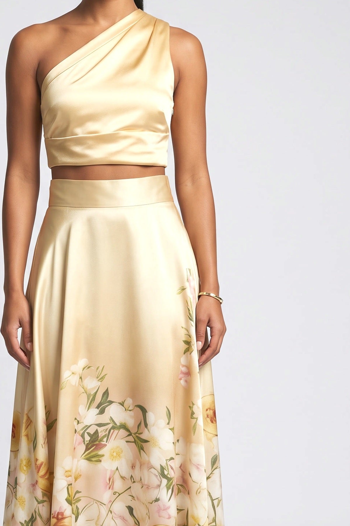 Gold Floral Satin One-Shoulder Outfit Set, fabric detail