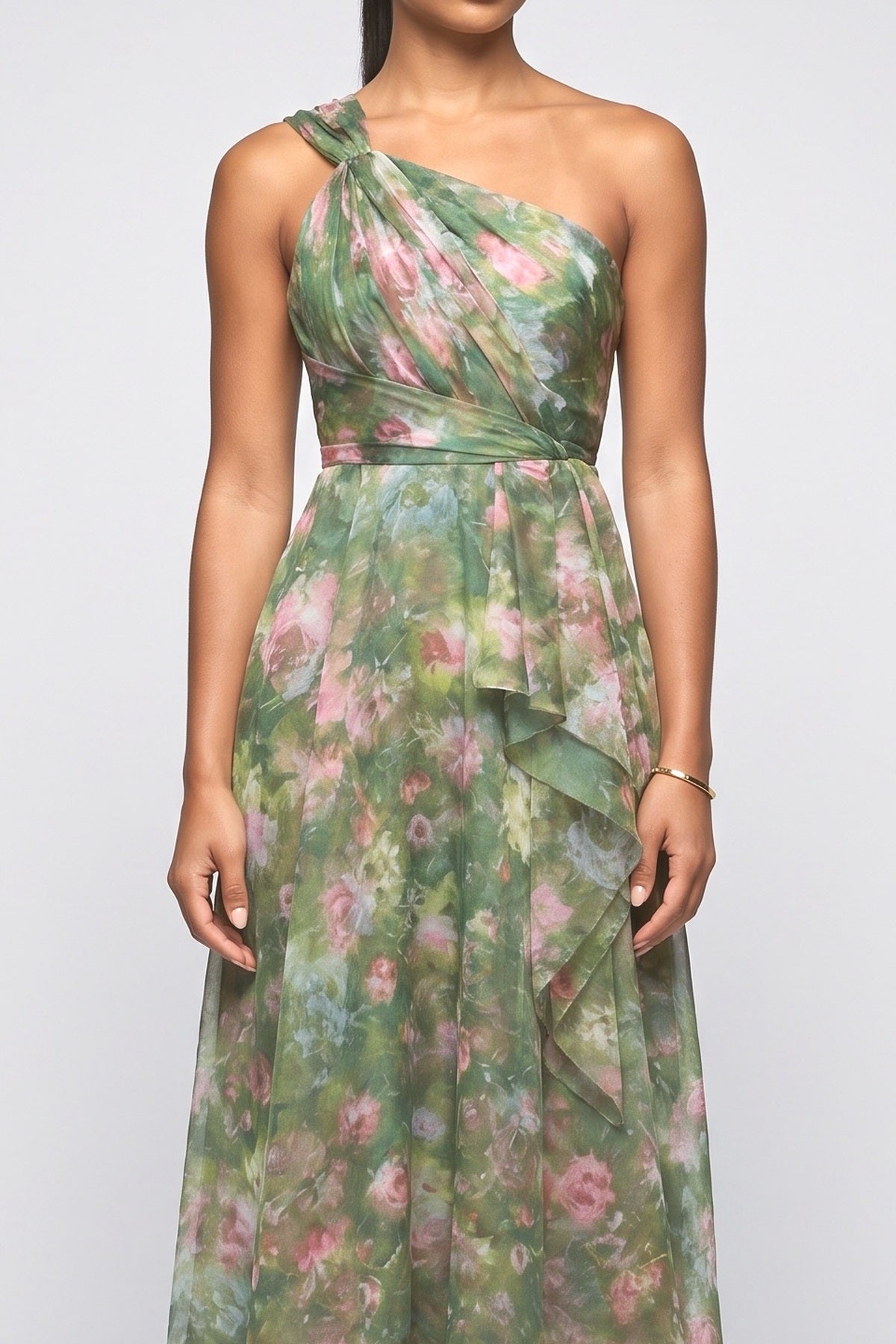 Green Floral Chiffon One-Shoulder Ruffle Midi Dress, fabric detail