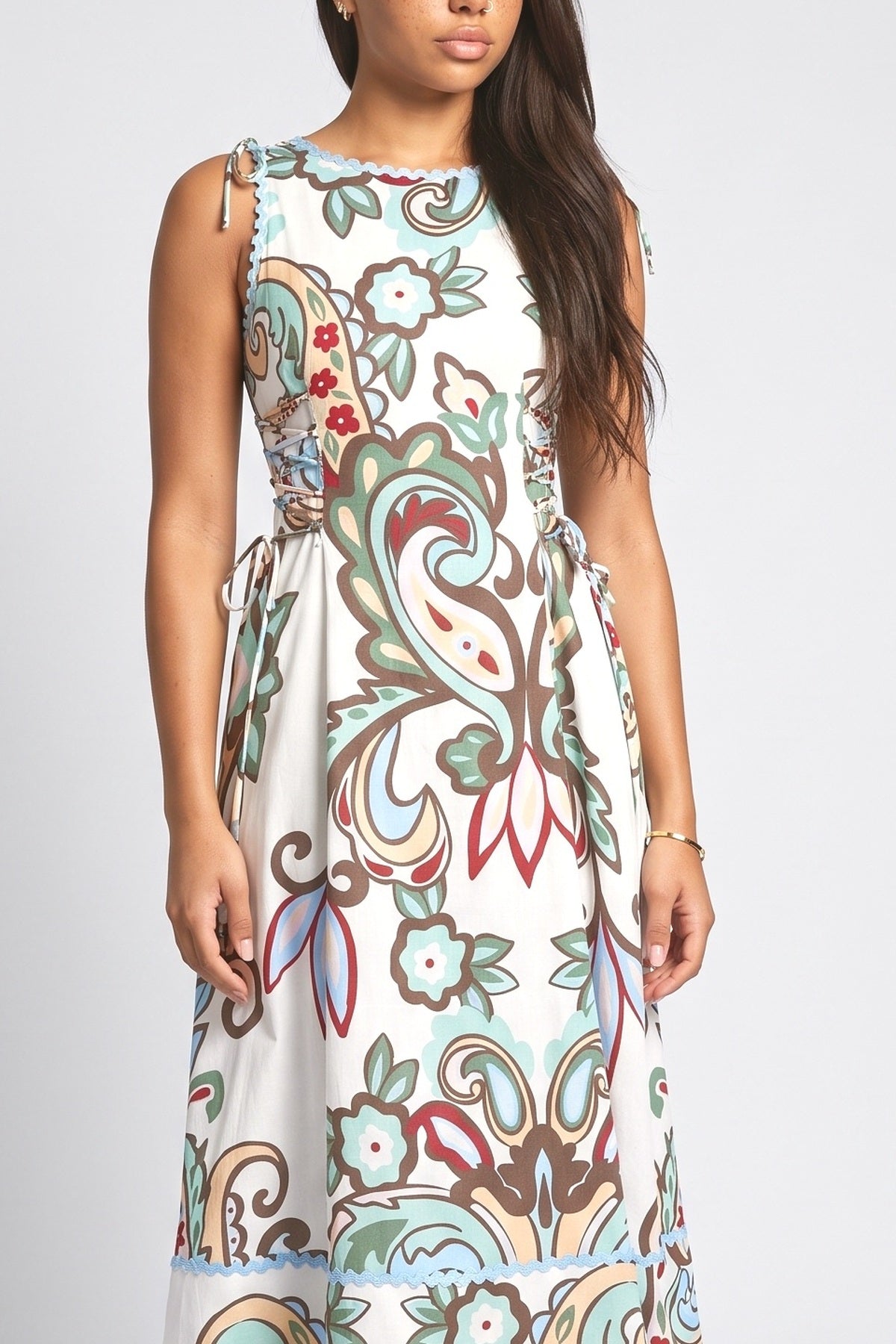 Multicolor Paisley Sleeveless Maxi Dress, fabric detail