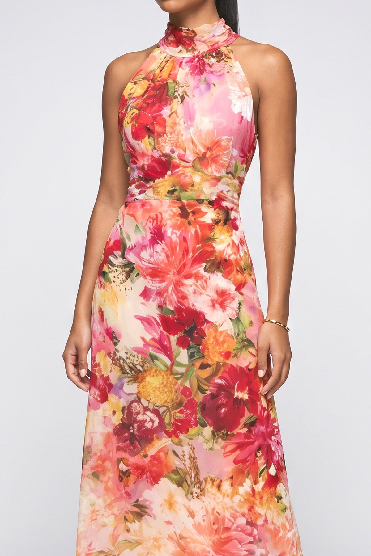 Red Floral Chiffon Halter Neck Sleeveless A-Line Maxi Dress, fabric detail