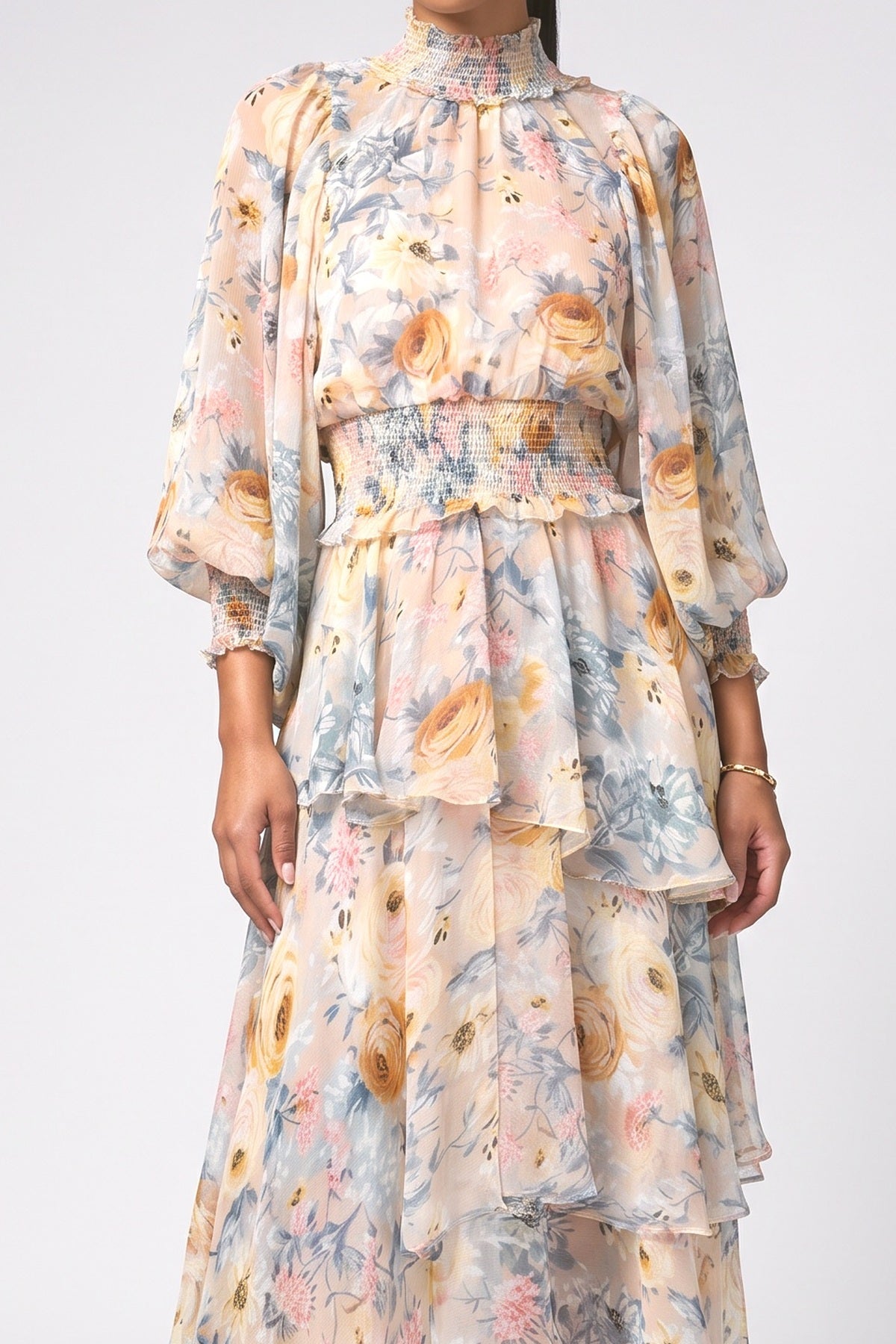Multicolor Print Chiffon Maxi Dress, fabric detail
