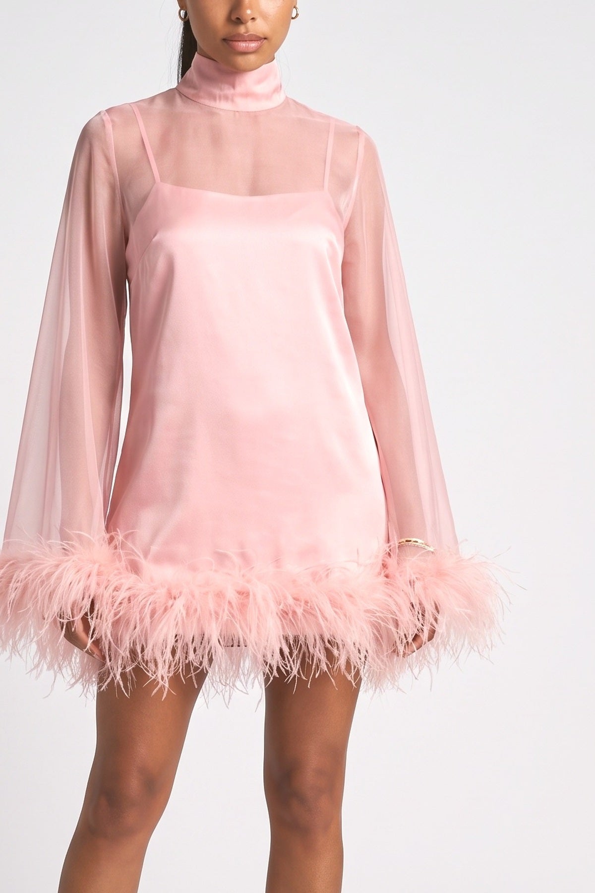 Pink Sheer Feather Trim Mini Dress, fabric detail