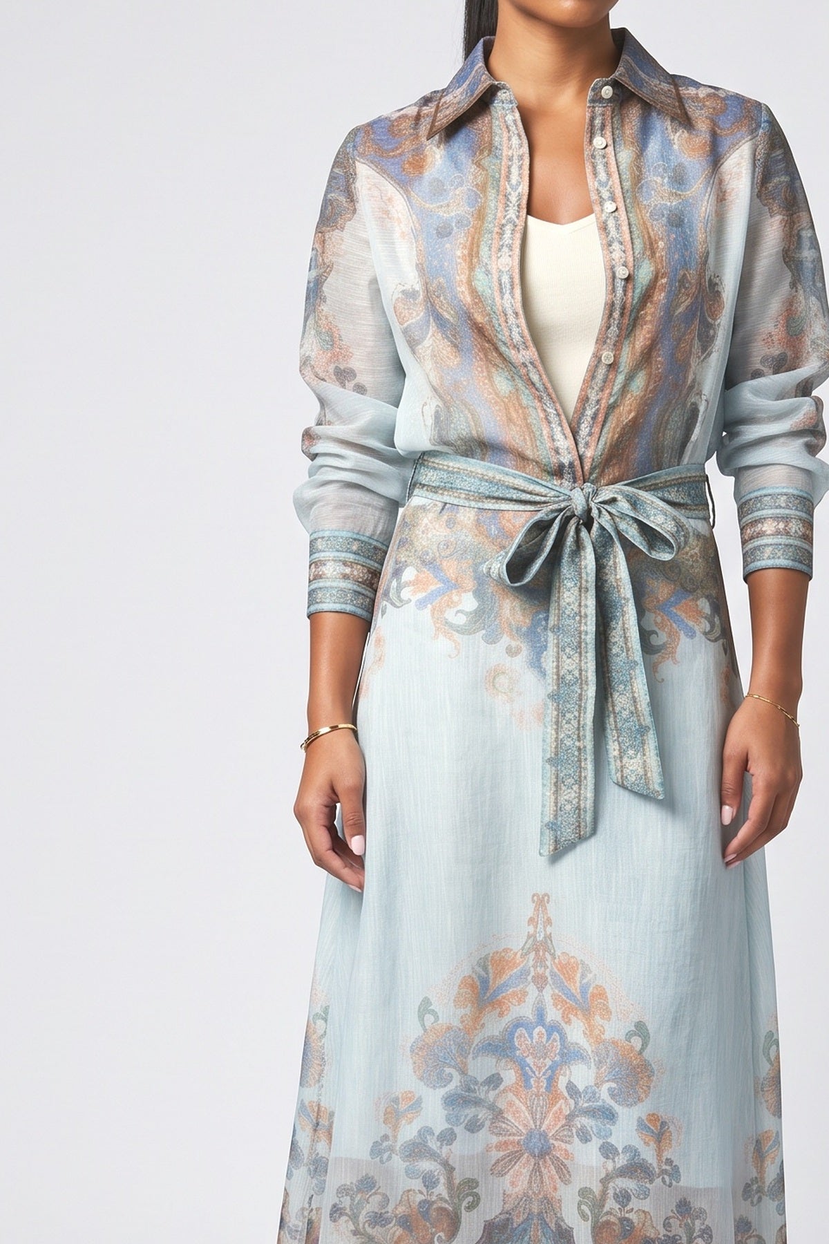 Paisley Pattern Self-Tie Belt Long Skirt, fabric detail