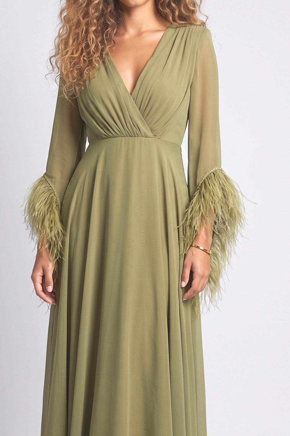 Chiffon V-Neck Feather Trim Maxi Dress, fabric detail
