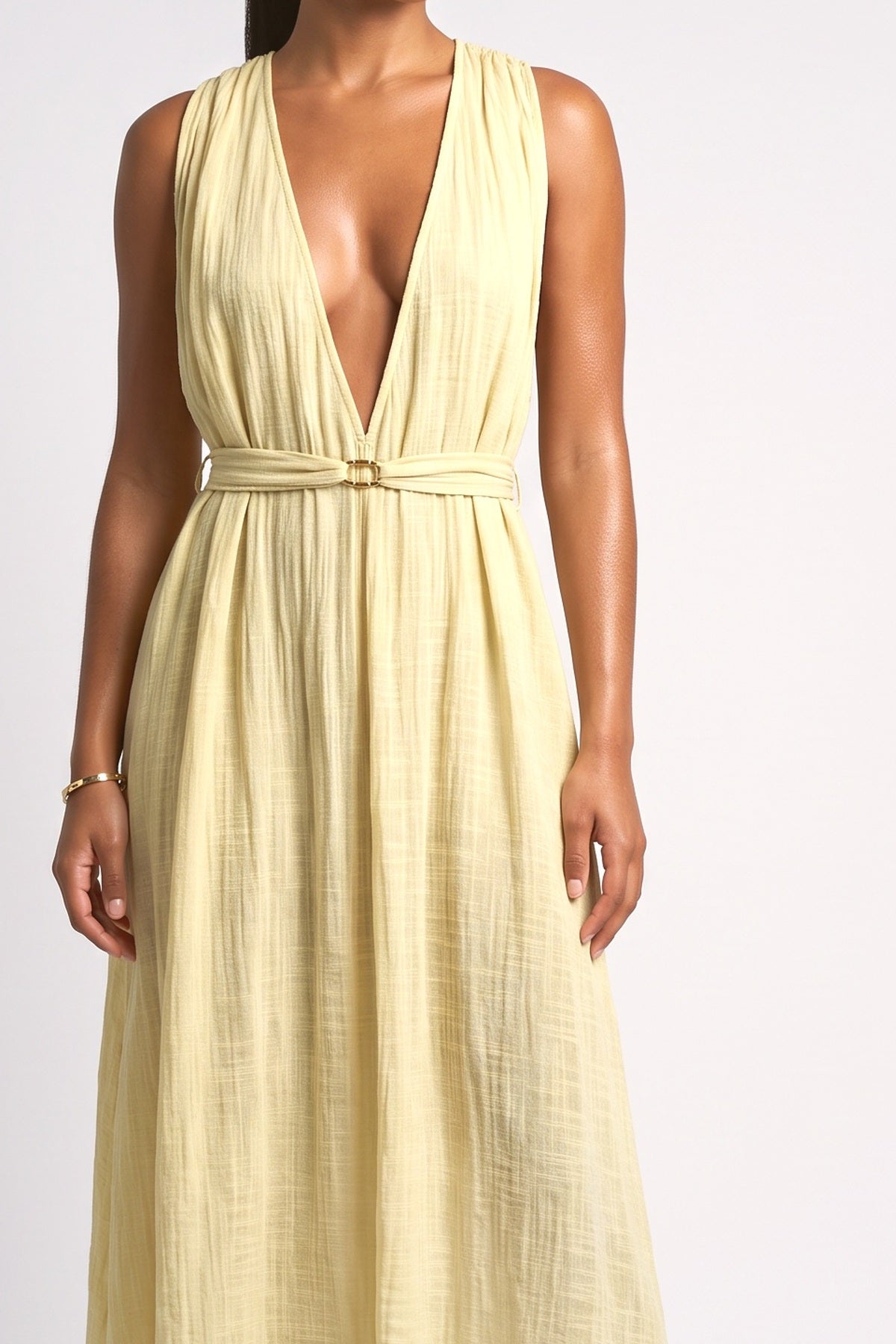 Yellow V-Neck Sleeveless Flowy Maxi Dress, fabric detail