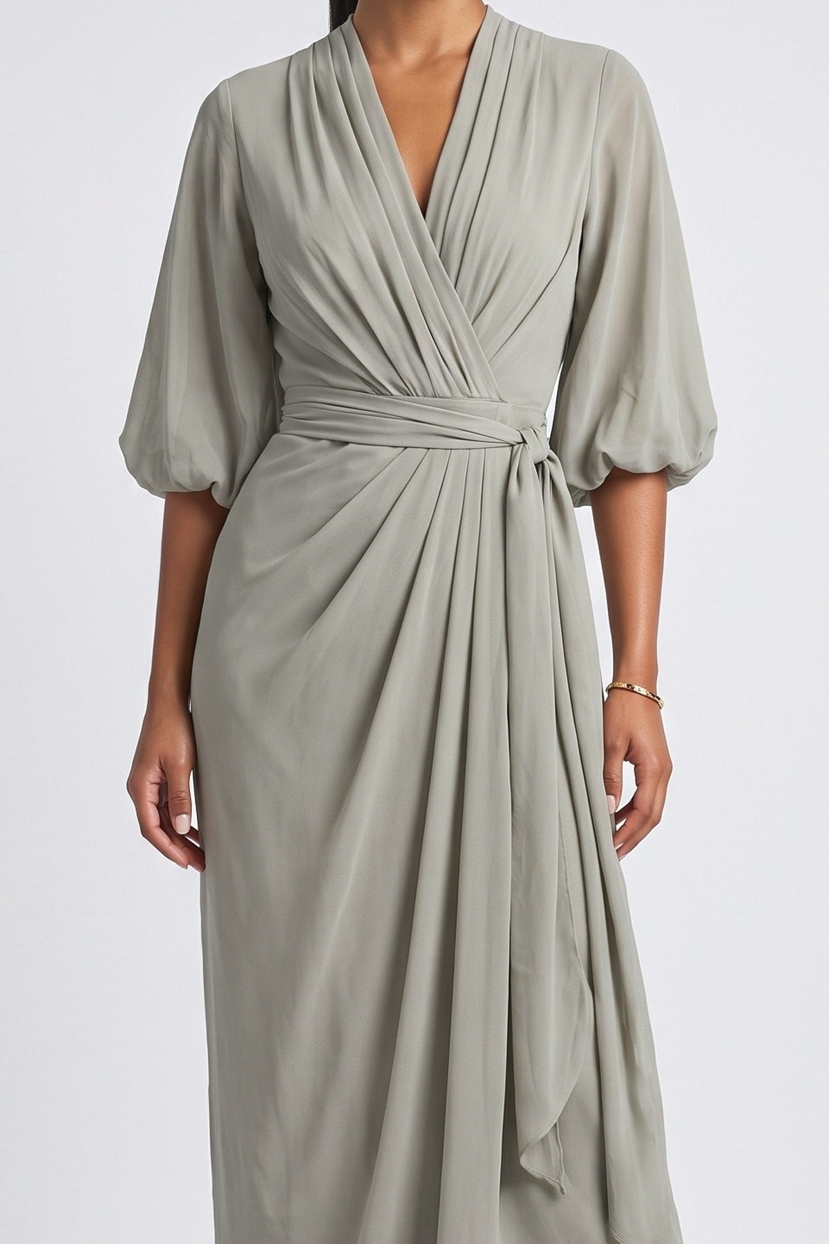 Beige Chiffon Puff Sleeve Wrap Maxi Dress, fabric detail