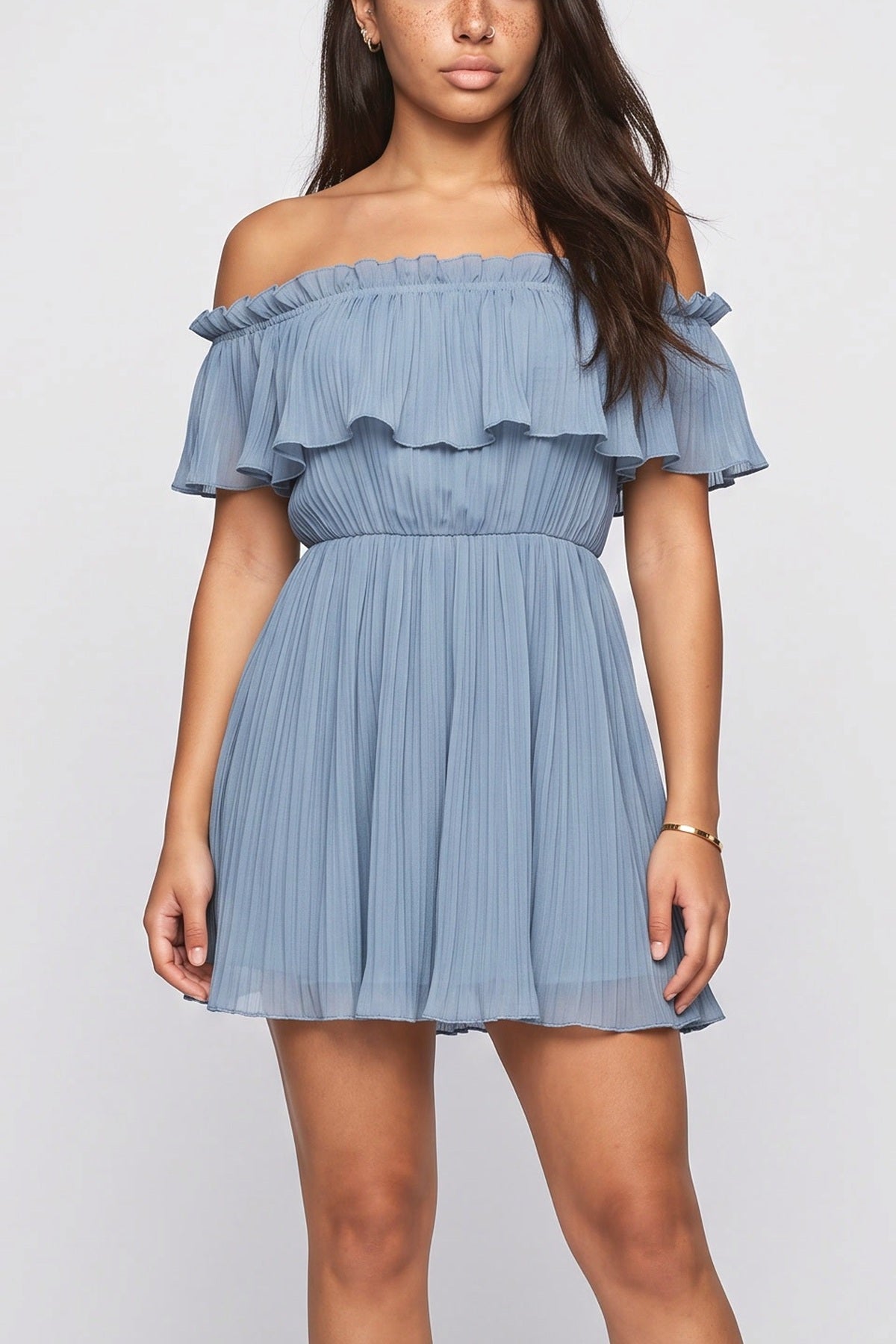 Blue Off-Shoulder Ruffle Mini Dress, fabric detail