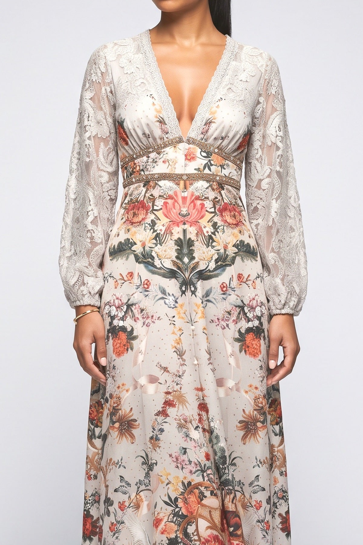 Pink Print Lace Maxi Dress, fabric detail