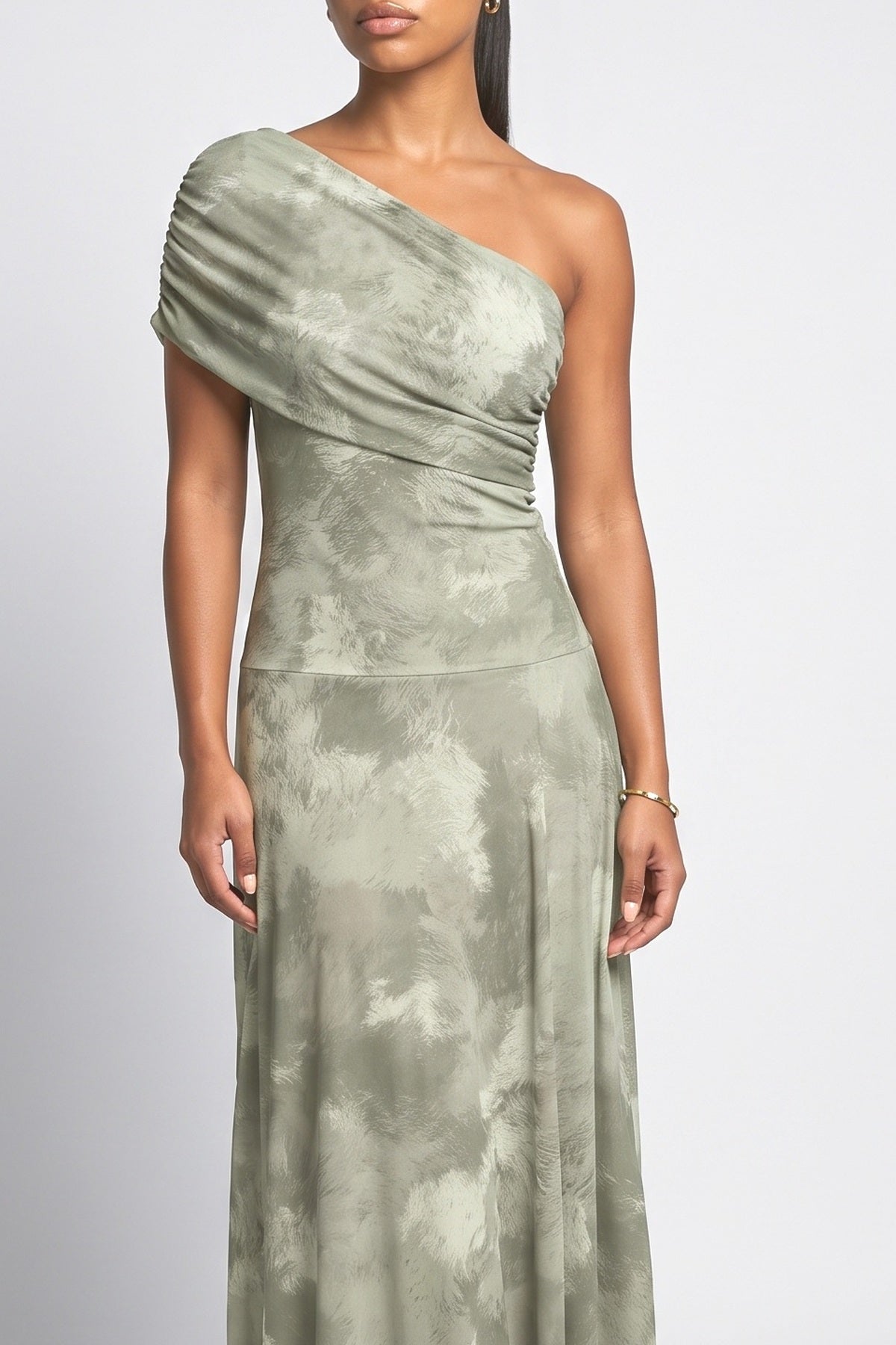 Red Abstract Mesh One-Shoulder Maxi Dress, fabric detail