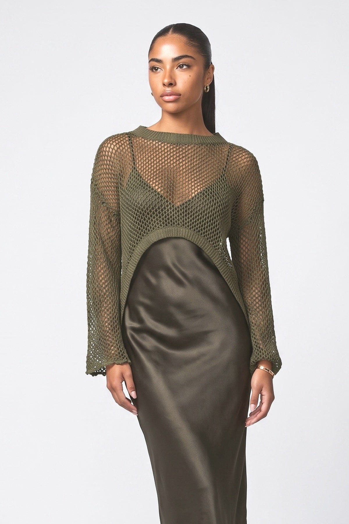 Satin Camisole Dress & Knit Cover-Up Set, fabric detail