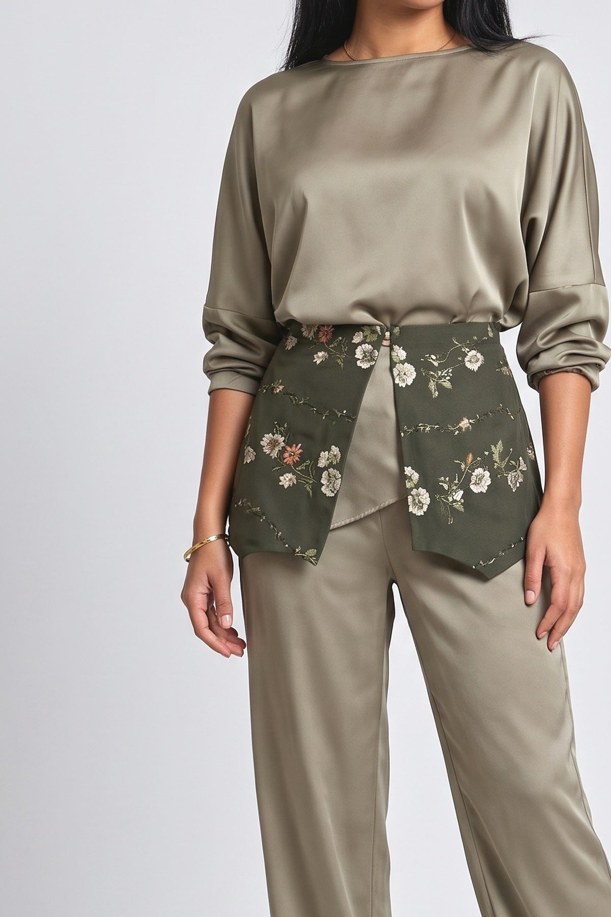 Embroidered Waist Belt Satin Shirt & Harem Pants Set, fabric detail
