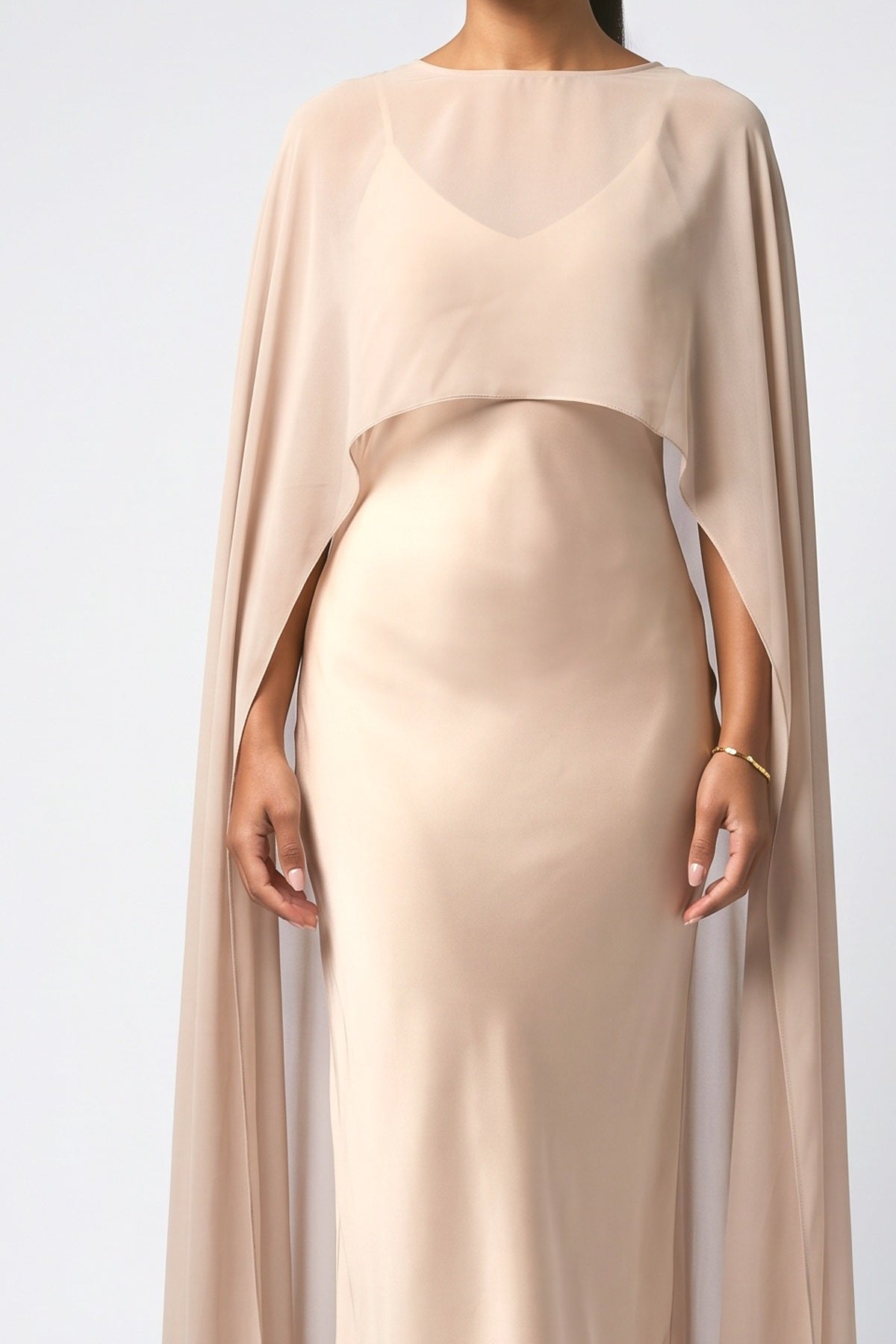 Satin and Sheer Chiffon Cape Maxi Dress, fabric detail