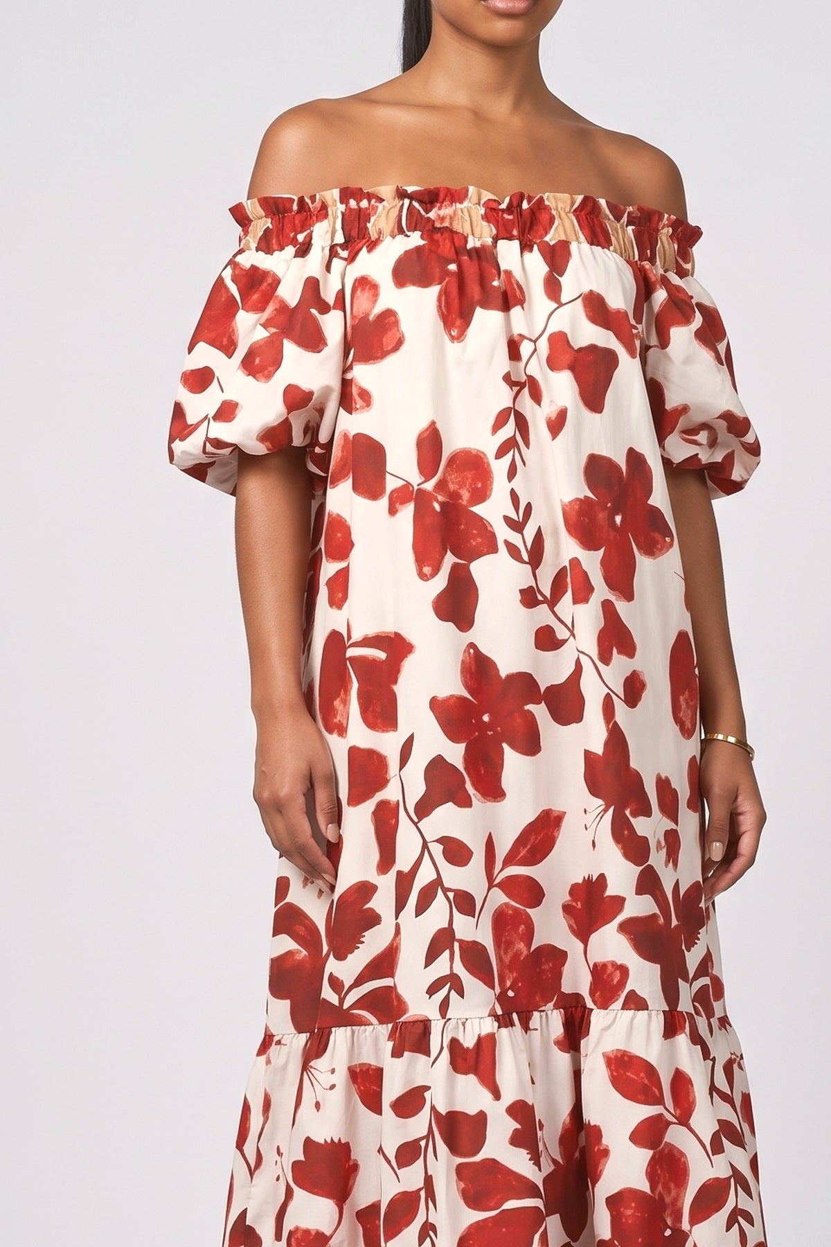 Red Floral Off-Shoulder Puff Sleeve Maxi Dress, fabric detail