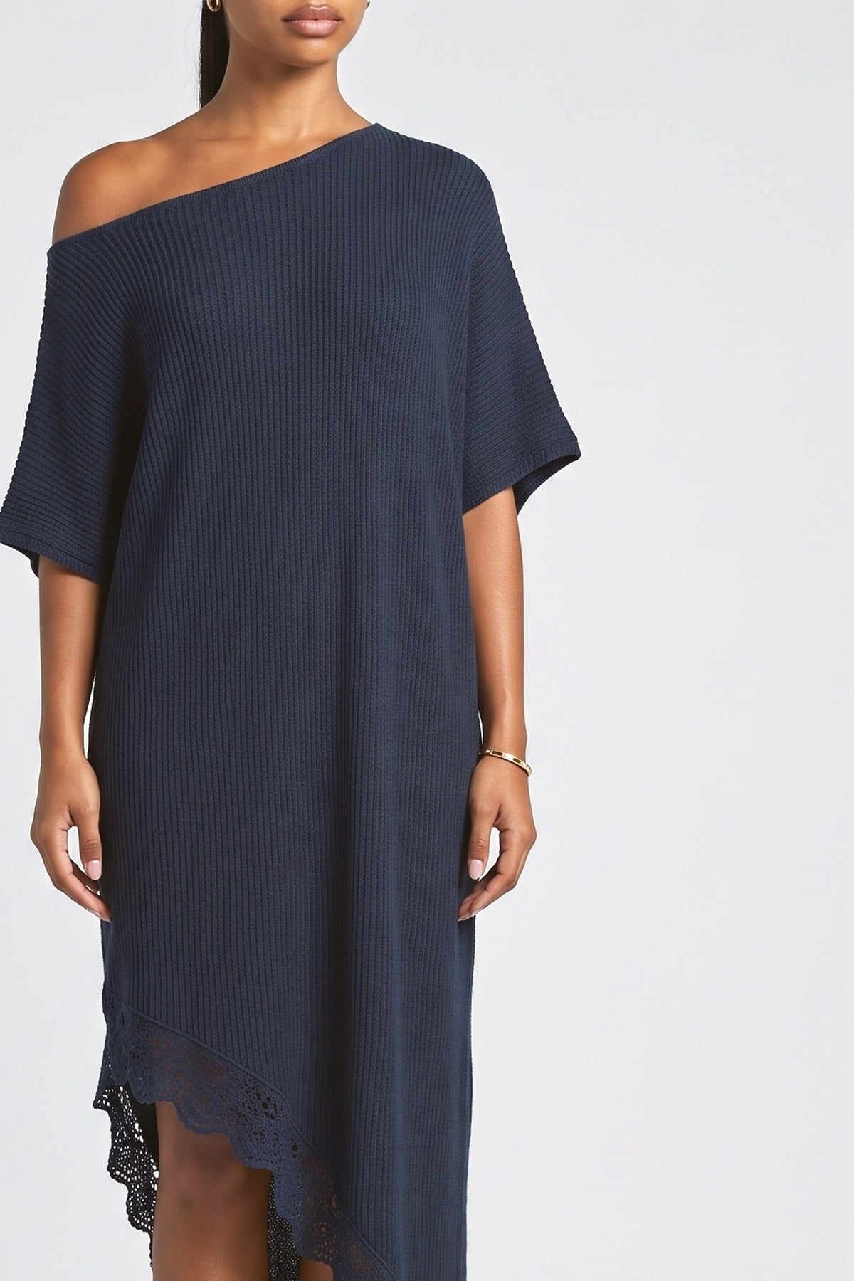 Navy Knit Off-Shoulder Asymmetric Maxi Dress, fabric detail