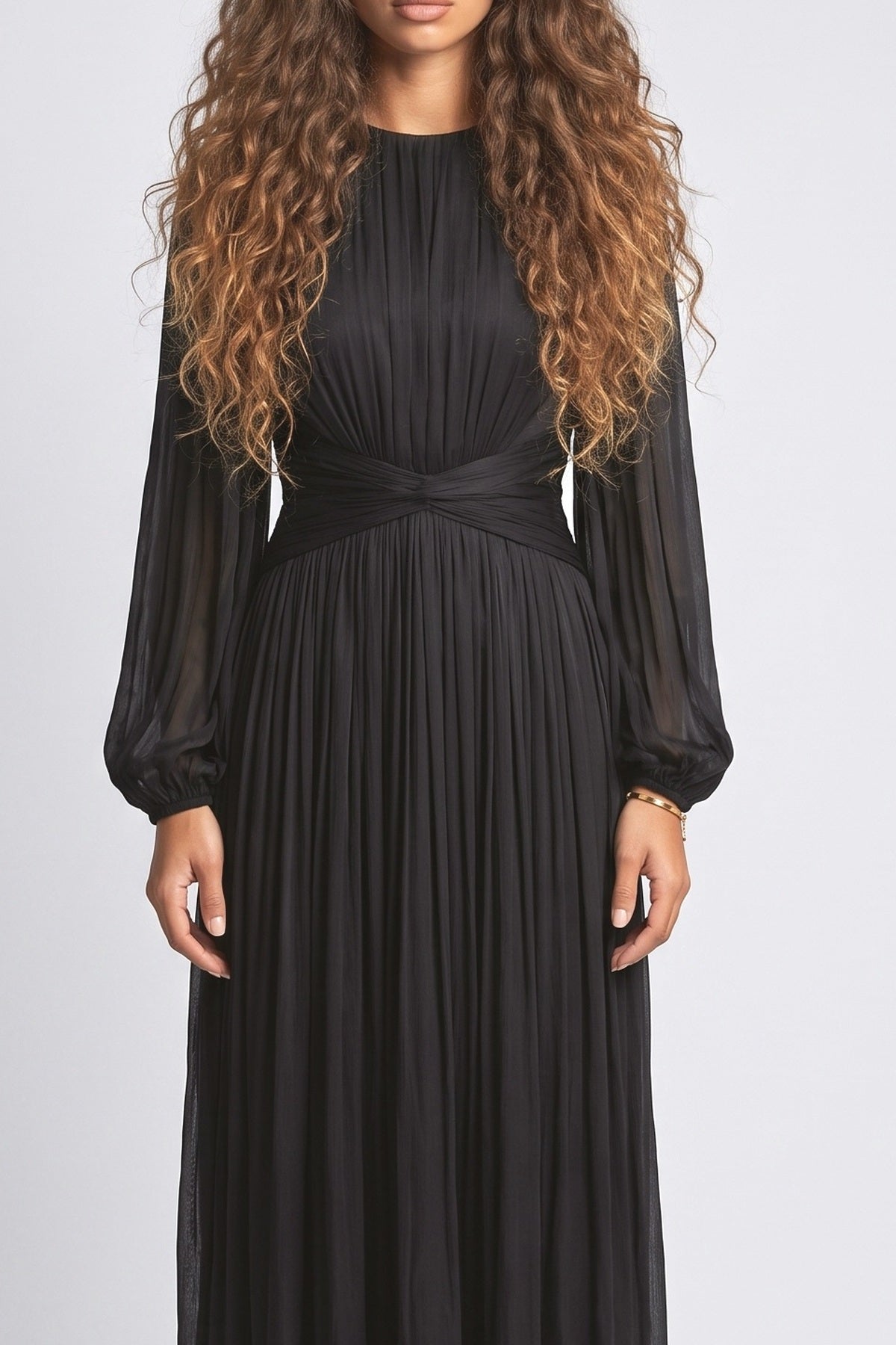 Pleated Flowy Long-Sleived Maxi Dress, fabric detail