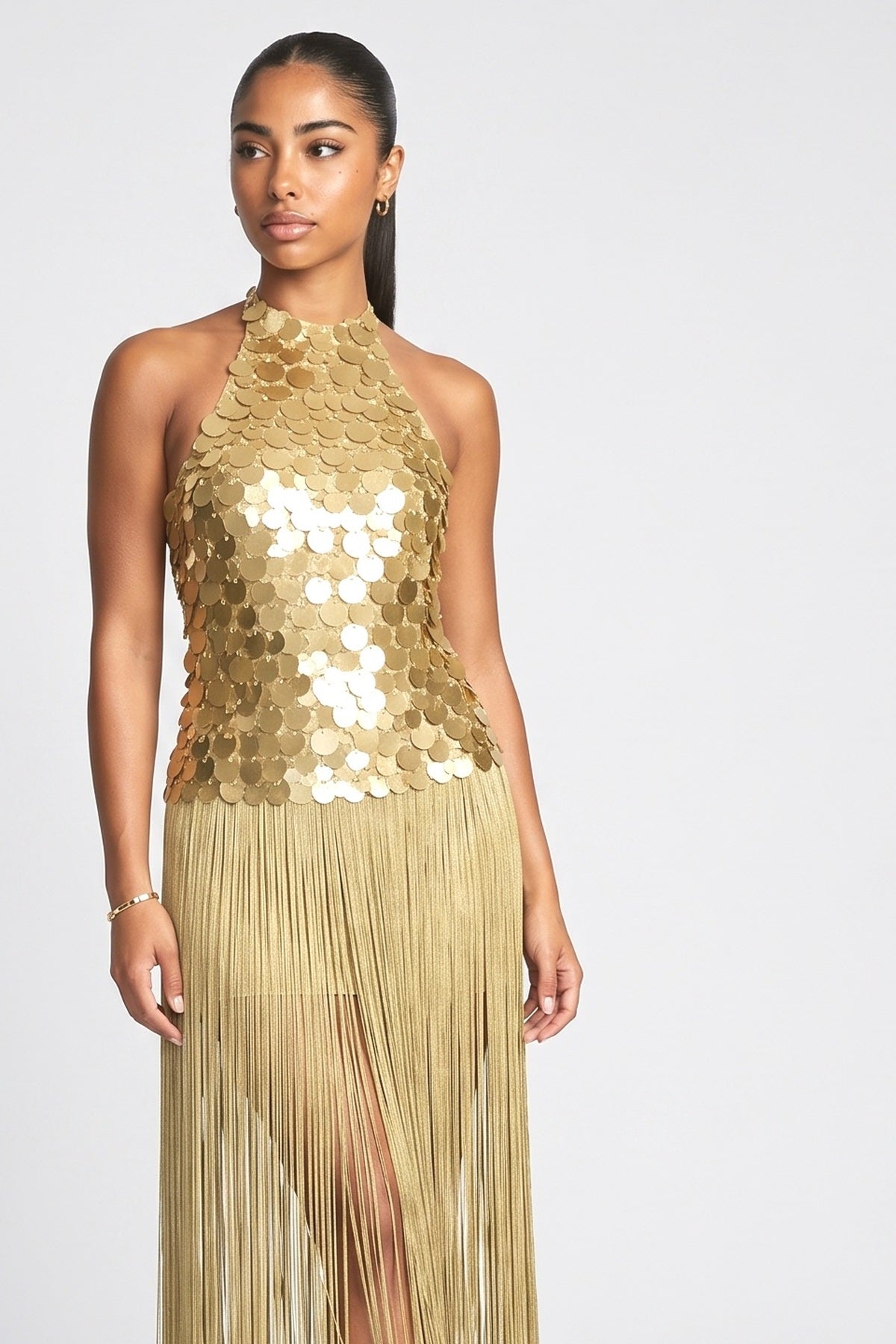 Sequin Backless Sleeveless Fringe Maxi Dress, fabric detail