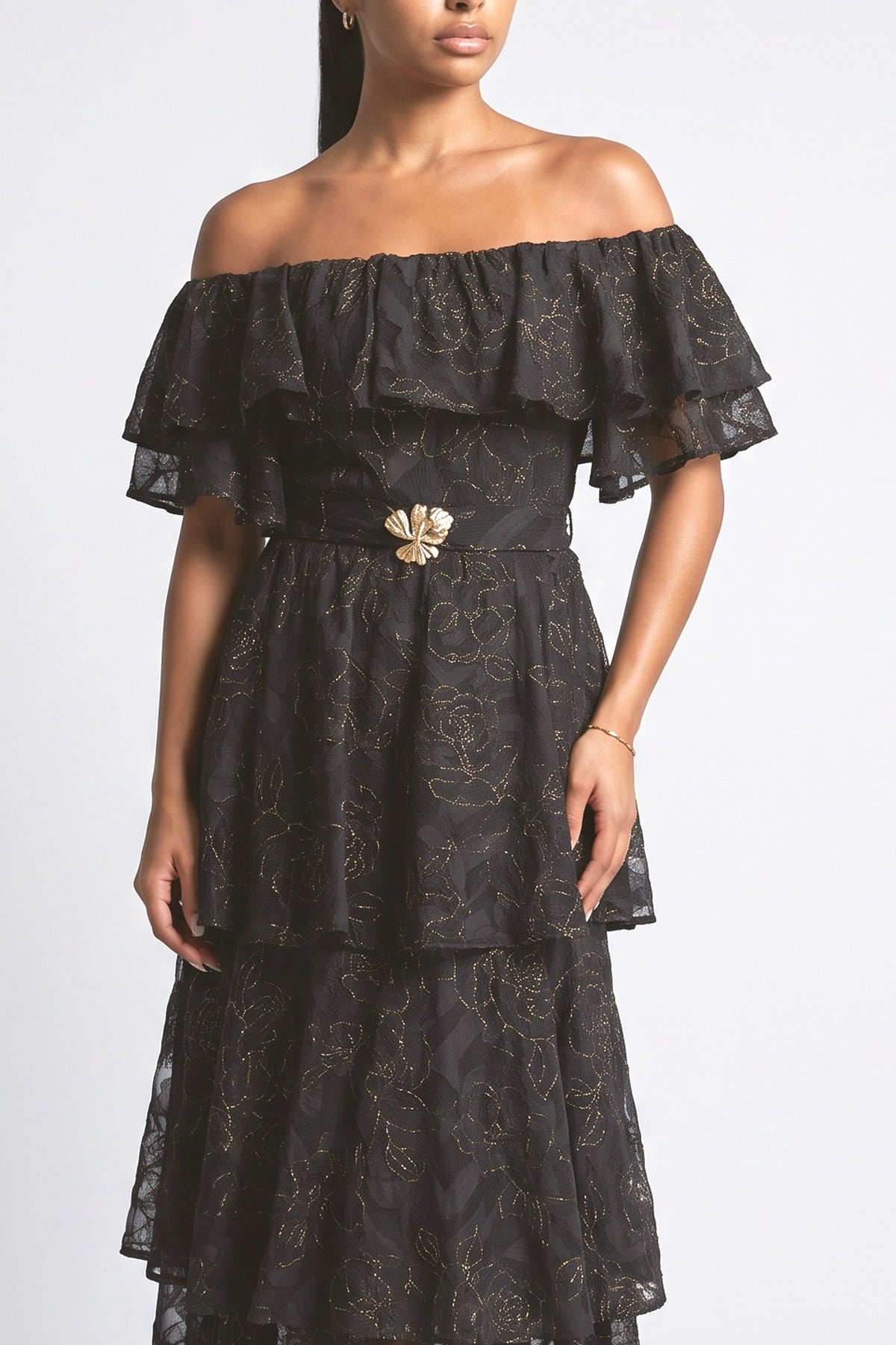 Floral Lace Off-Shoulder Tiered Maxi Dress, fabric detail